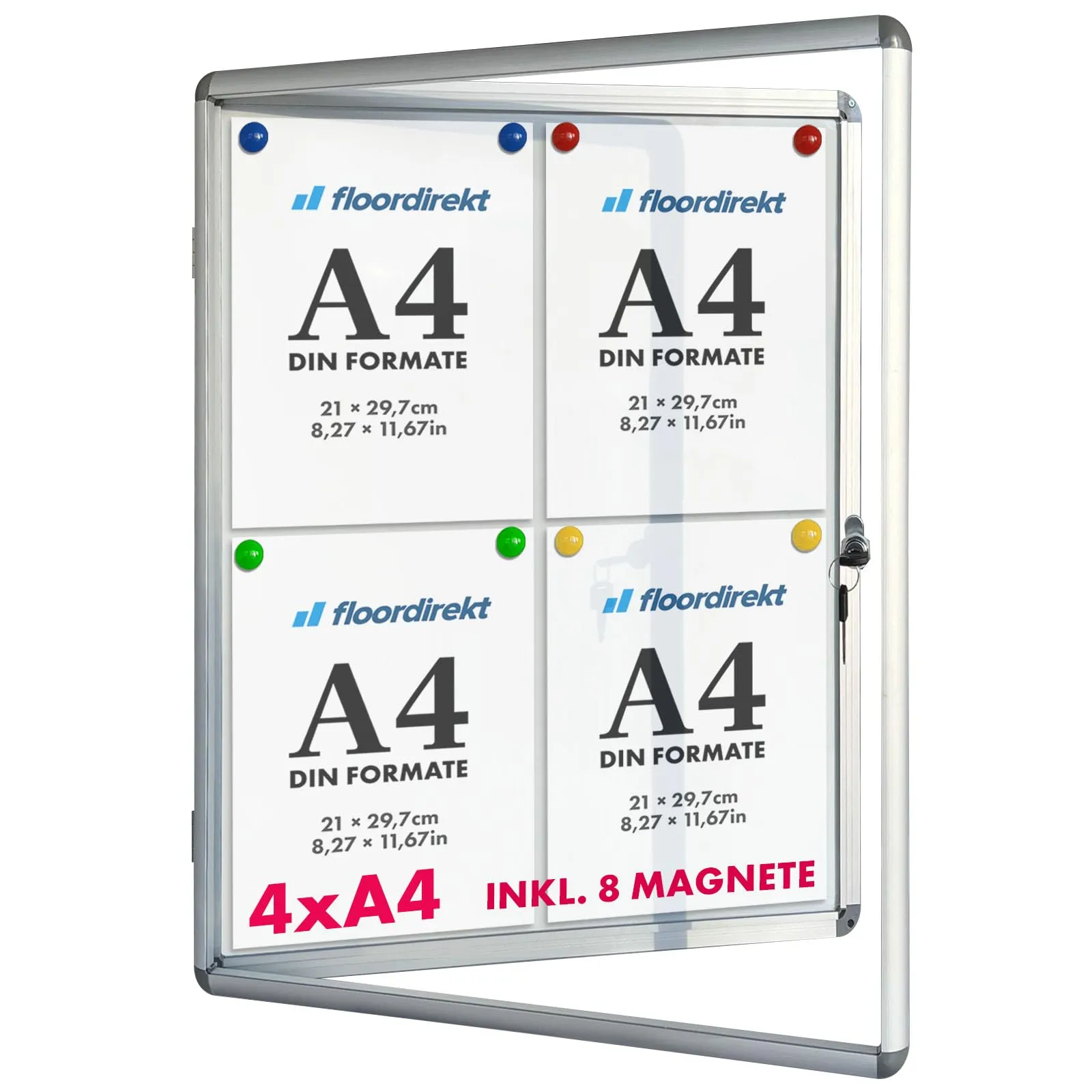 Floordirekt Bacheca da parete 4 x DIN A4 con cornice in alluminio e vetro acrilico, inclusi magneti. Bacheca per annunci con cornice in alluminio, vetro acrilico, retro magnetico e superficie