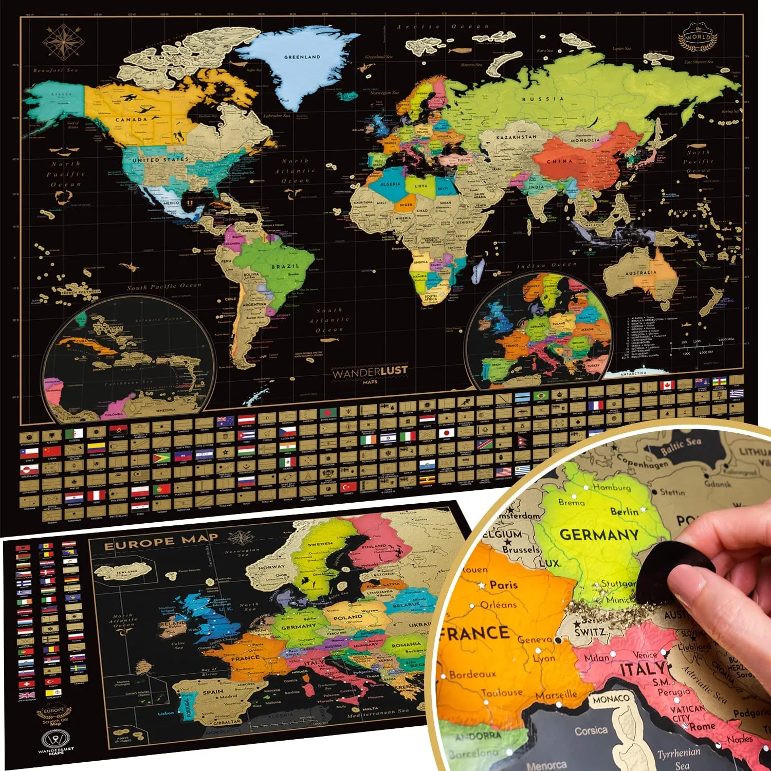 Mappa del Mondo da Grattare con Extra Mappa Europa - Poster XXL Interattivo e Educativo - Alta Qualità, Decorazione da Parete - Regalo Perfetto per Viaggiatori