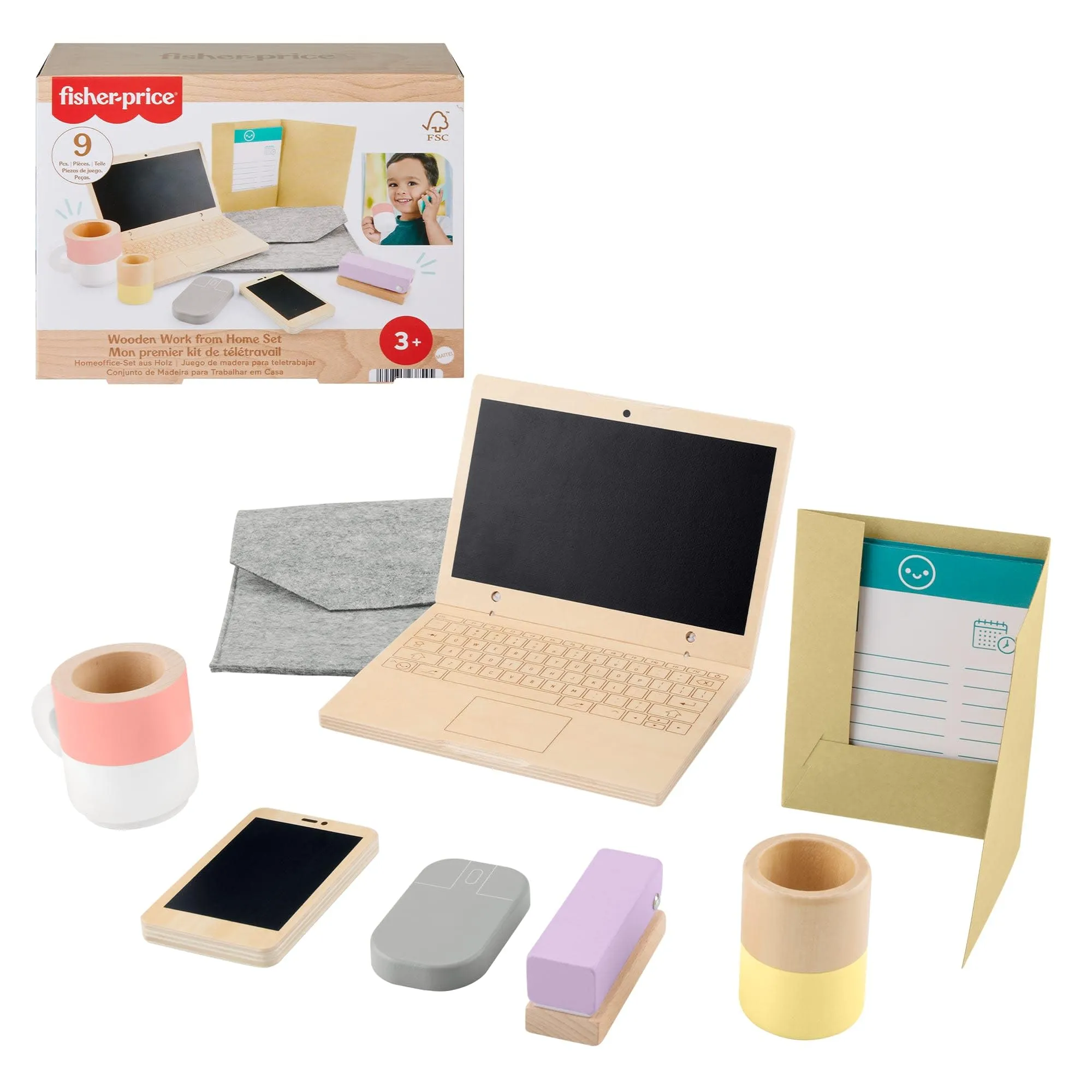 Fisher-Price - Set da Ufficio in Legno, 9 accessori per giocare al lavoro da casa come computer portatile e telefono in legno, giocattolo per bambini, 3+ anni, HXV11