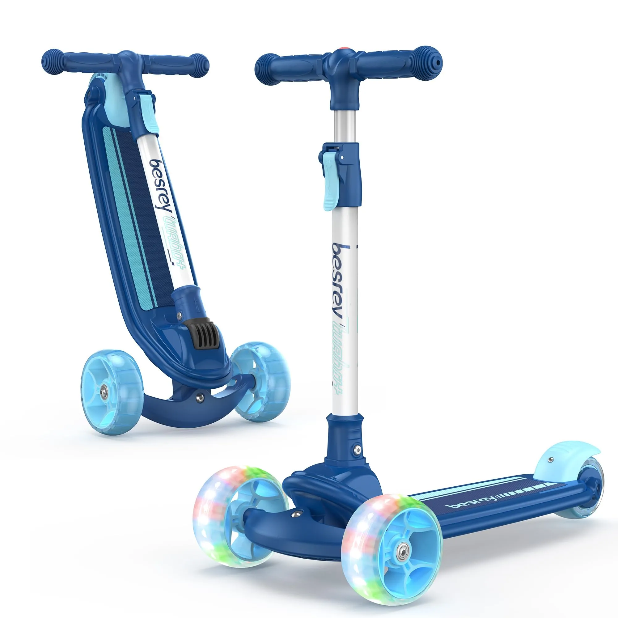besrey Monopattino per Bambini da 2-8 anni,Monopattino Piegevole a 3 Ruote per Bambino e Bambina con LED,Regolabile Altezza