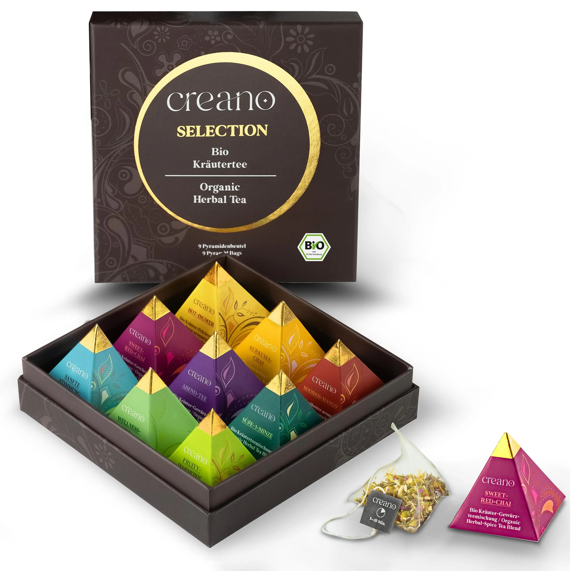Creano Set Regalo Tisane Biologiche Premium "Organic Herbal Tea" – 9x Piramidi in 9 Varietà | Infusi alle Erbe e Frutta, Confezione Regalo Elegante - 22,5g - NUOVO 2024*