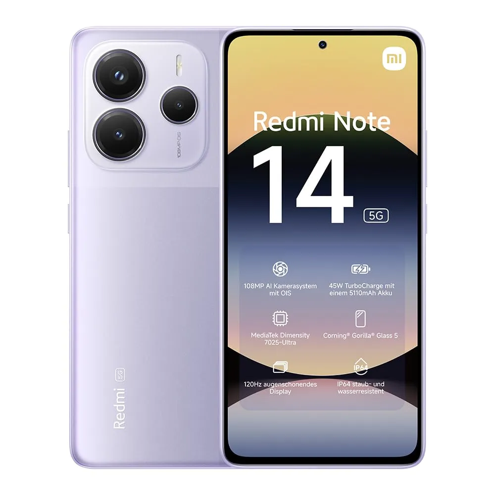 Smartphone Xiaomi Redmi Note 14 5G, 8+256GB, Sistema fotografico AI da 108MP, batteria da 5110mAh, display con tecnologia Eye-Care da 120Hz, funzionalità AI (caricabatterie non incluso), Nero