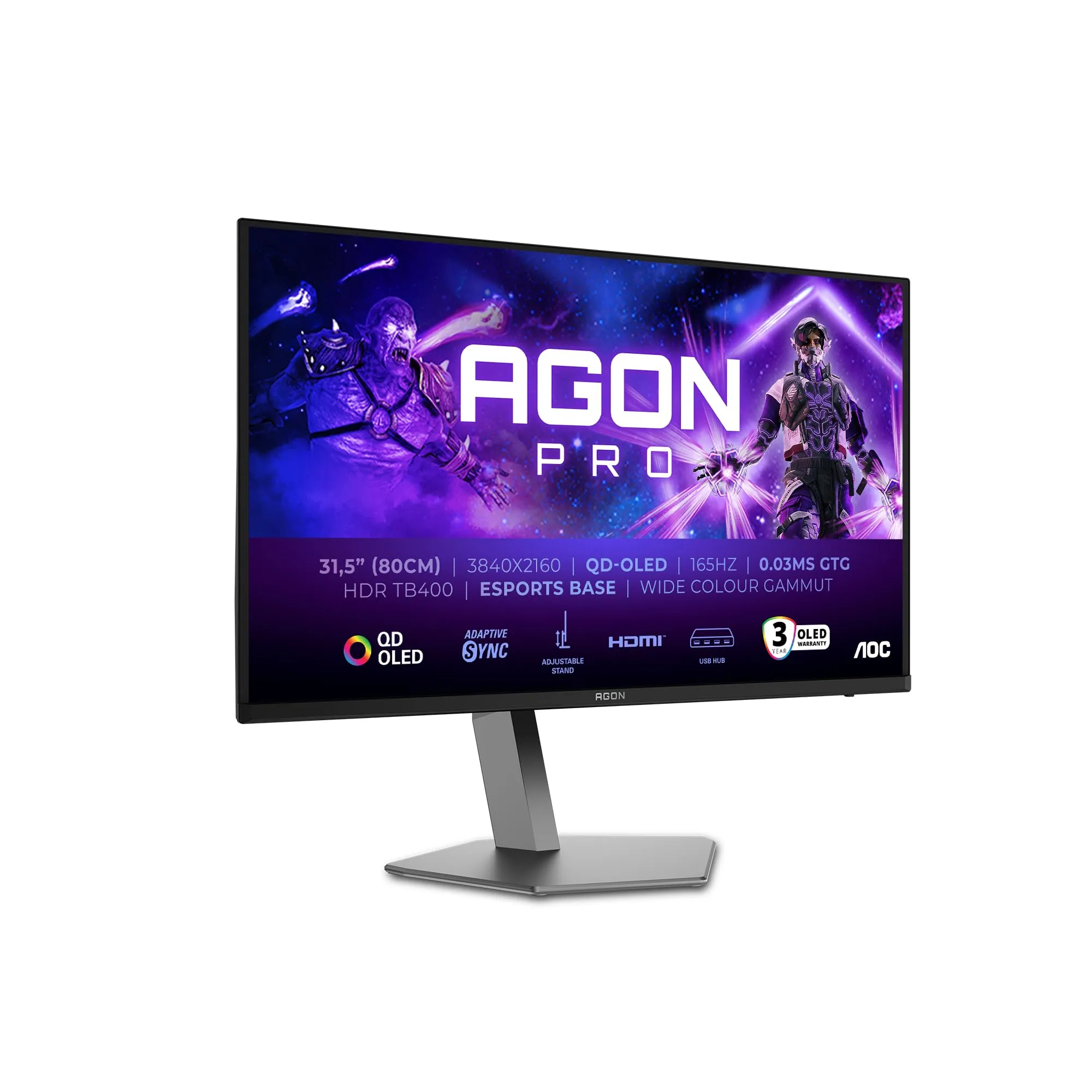 AOC AGON Pro AG326UD- Monitor da gioco OLED UHD da 32 pollici, 165 Hz, 0,03 ms, HDR400, FreeSync Prem. Pro, G-Sync comp. 3840x2160, 2x HDMI 2.1, 1x DP 1.4, Hub USB nero grigio, QD-OLED