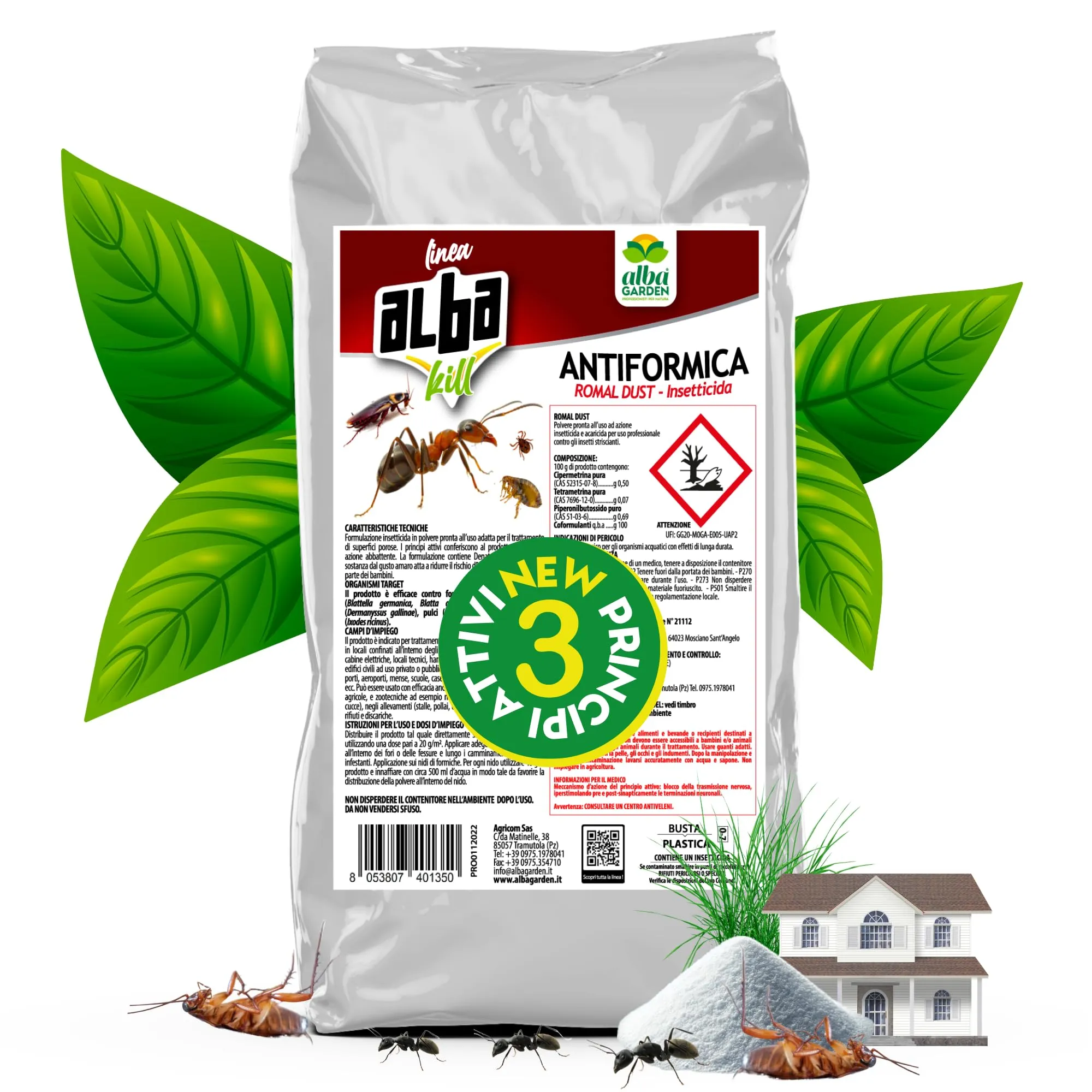 Albagarden Albakill - Veleno Per Formiche - Insetticida In Polvere Per Ambienti Esterni Orto Casa - Esca Contro Scarafaggi Grillotalpa Insetti Pulci Zecche - Solubile Anti Formiche