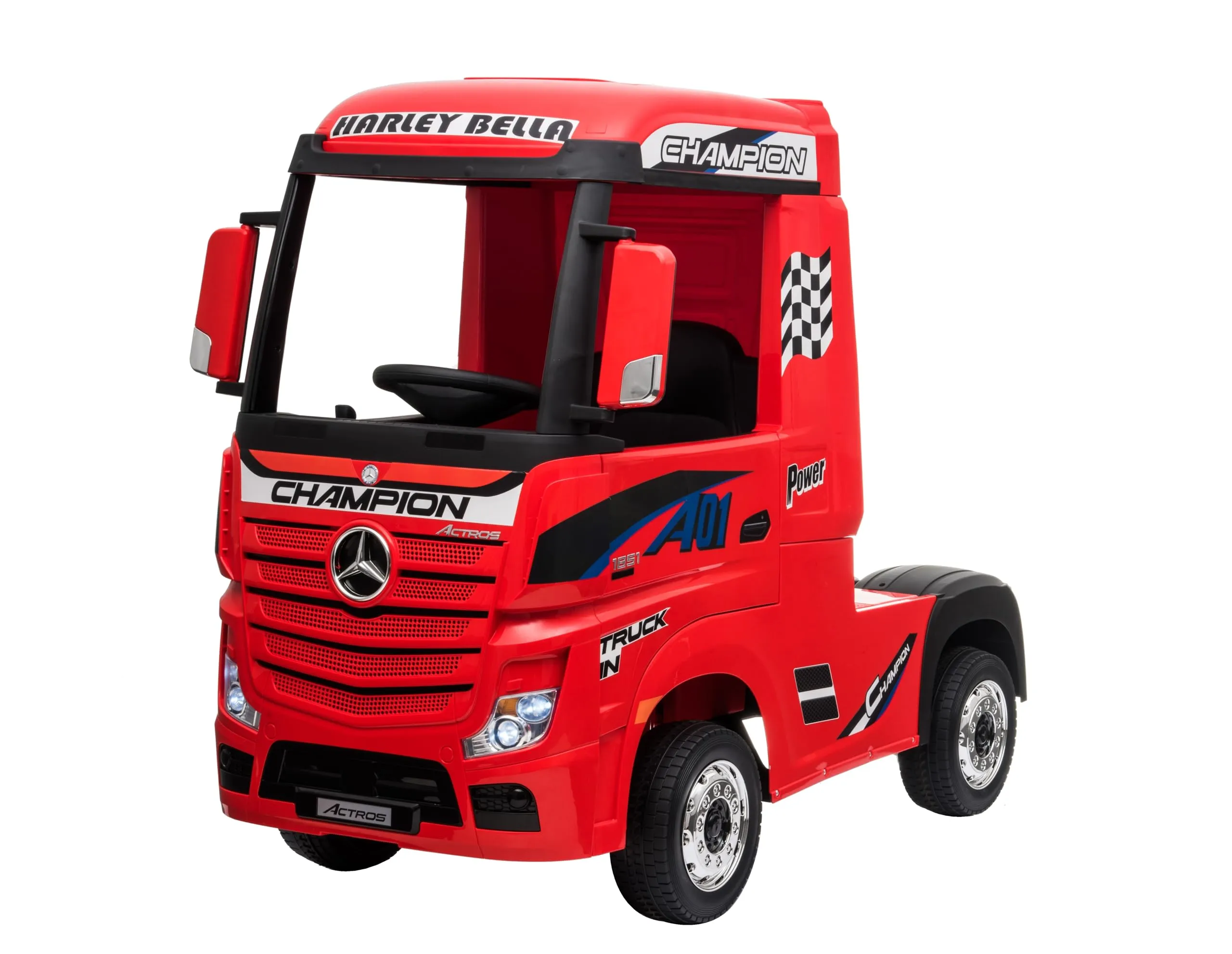 MONDIALTOYS Camion Elettrico per Bambini Mercedes Actros Truck 12V con Sedile in Pelle Telecomando Porte Apribili Ruote in Gomma Full Optional (Senza rimorchio, Rosso)