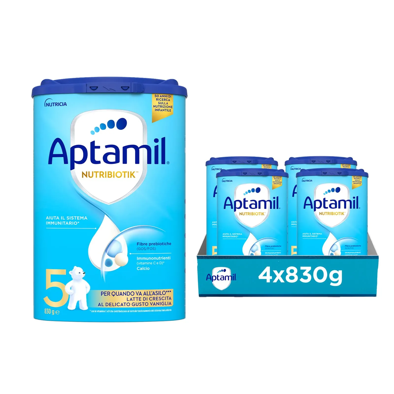 APTAMIL Nutriobiotik 5 - Latte di Crescita in Polvere al Delicato gusto di Vaniglia per Bambini dai 36 mesi - da 3320 grammi (4 confezioni da 830g)
