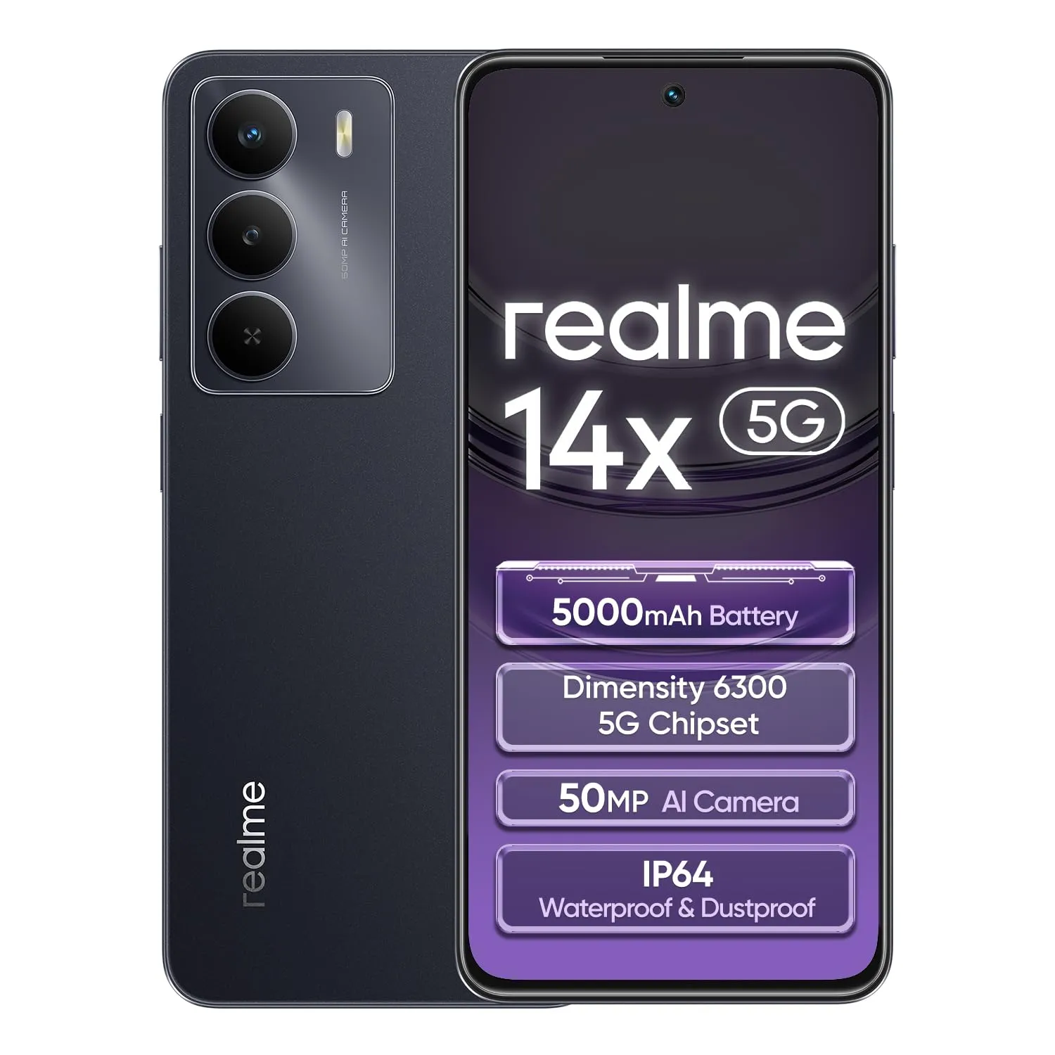 realme 14x 5G Smartphone 8+256GB, Nero Carbonio, Schermo 6.67 pollici, Refresco a 120Hz, Batteria 5000mAh, Fotocamera AI da 50MP, MediaTek Dimensity 6300, Protezione ArmorShell, IP64