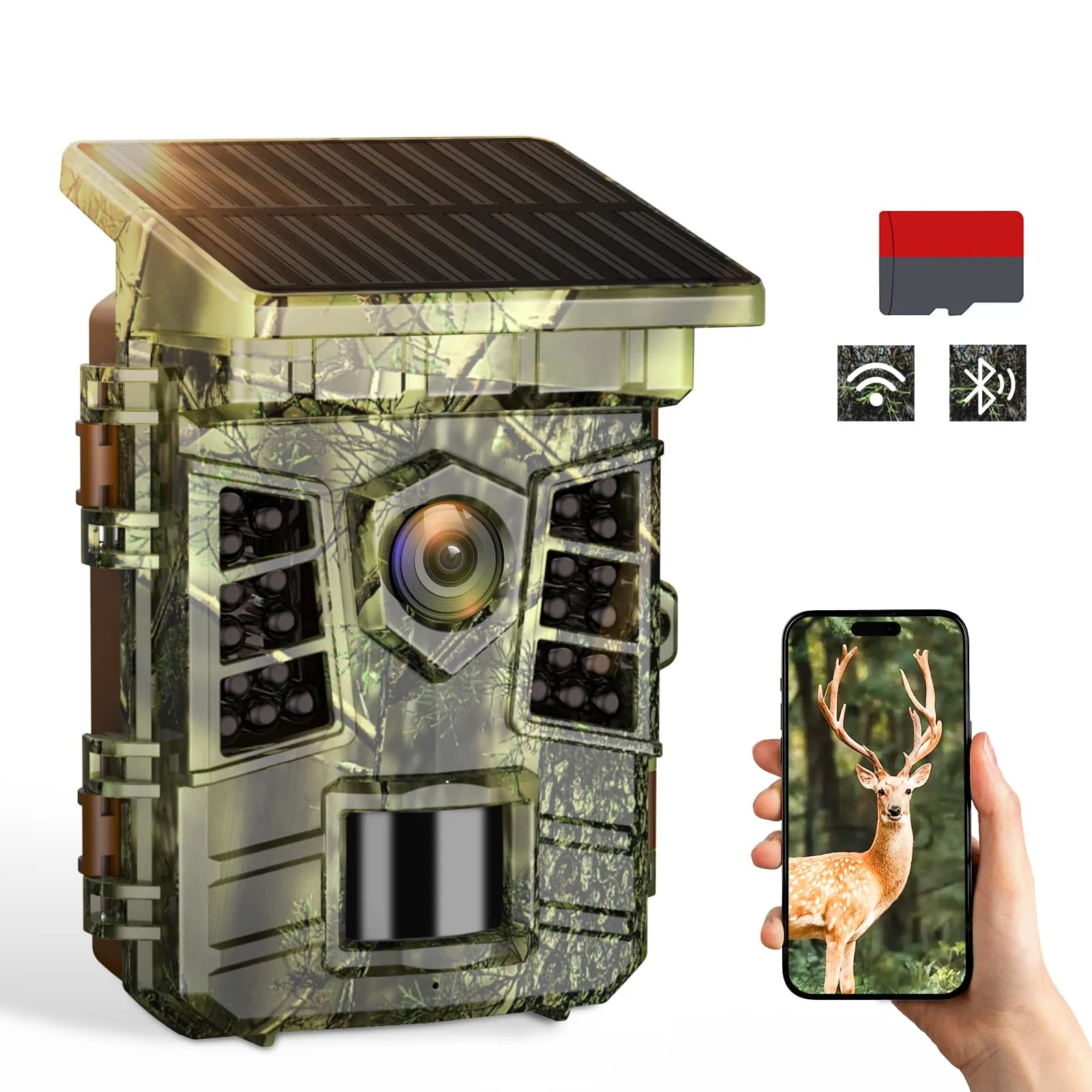 Coolifepro Fototrappola WiFi Bluetooth con APP, 60MP 4K Fototrappola Notturna con Visione IR, Batteria Ricaricabile da 2600mAh Integrata, Fototrappola con Pannello Solare IP66 Impermeabile