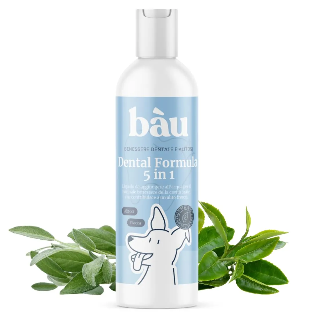 Bau Cosmesi Dental Formula 5 in 1, Additivo per Acqua Dentale Cani, Migliora l'Alito Cane e la Salute Gengivale Evitando la Formazone di Tartaro e Contrastando la Formazioni di Batteri, Rinfrescante