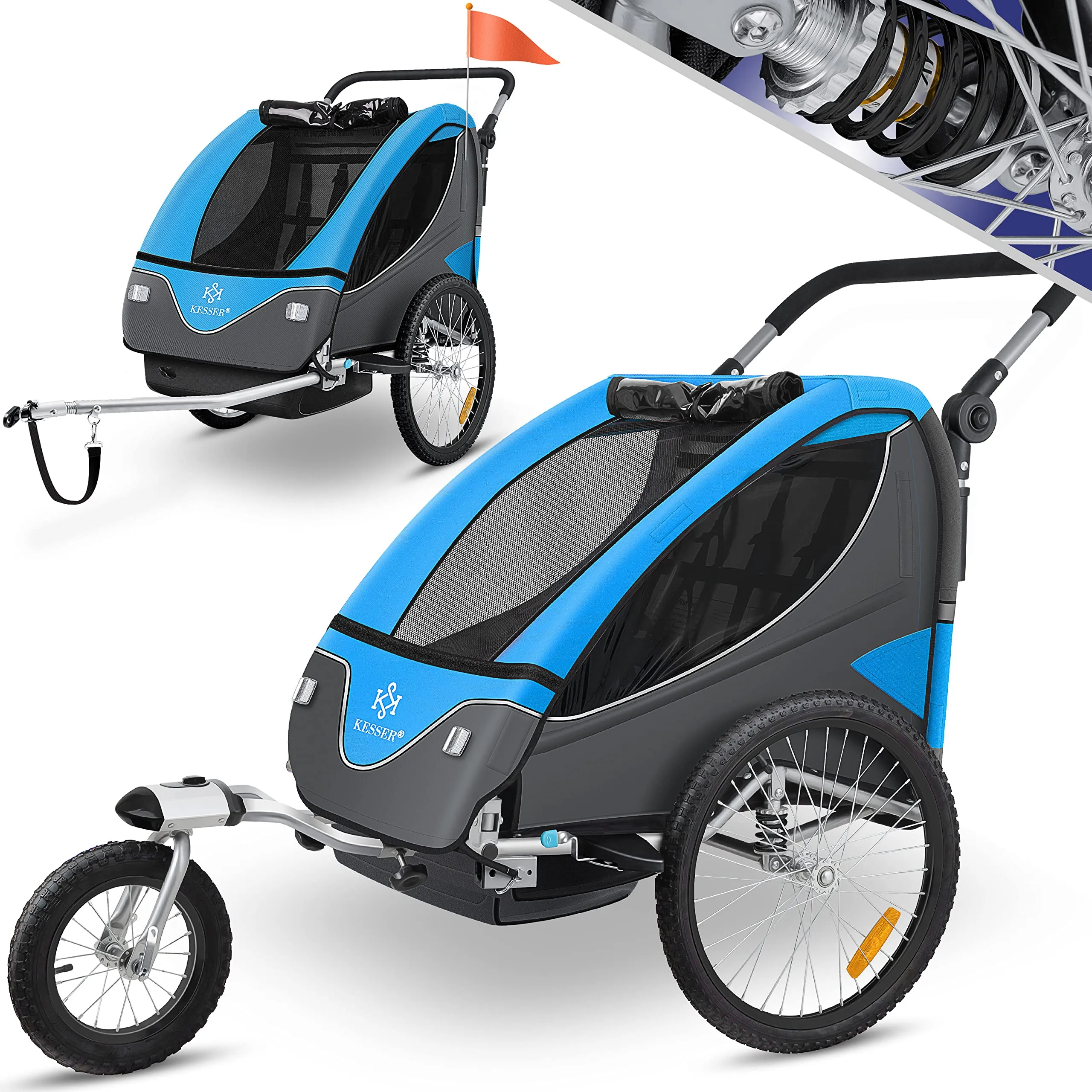 KESSER® Rimorchio per Bambini, ruotabile a 360°, con Sospensioni, 2in1 - Funzione Jogger/Rimorchio, Cintura a 5 punti, per 1 o 2 Bambini/max. 40kg, Blu
