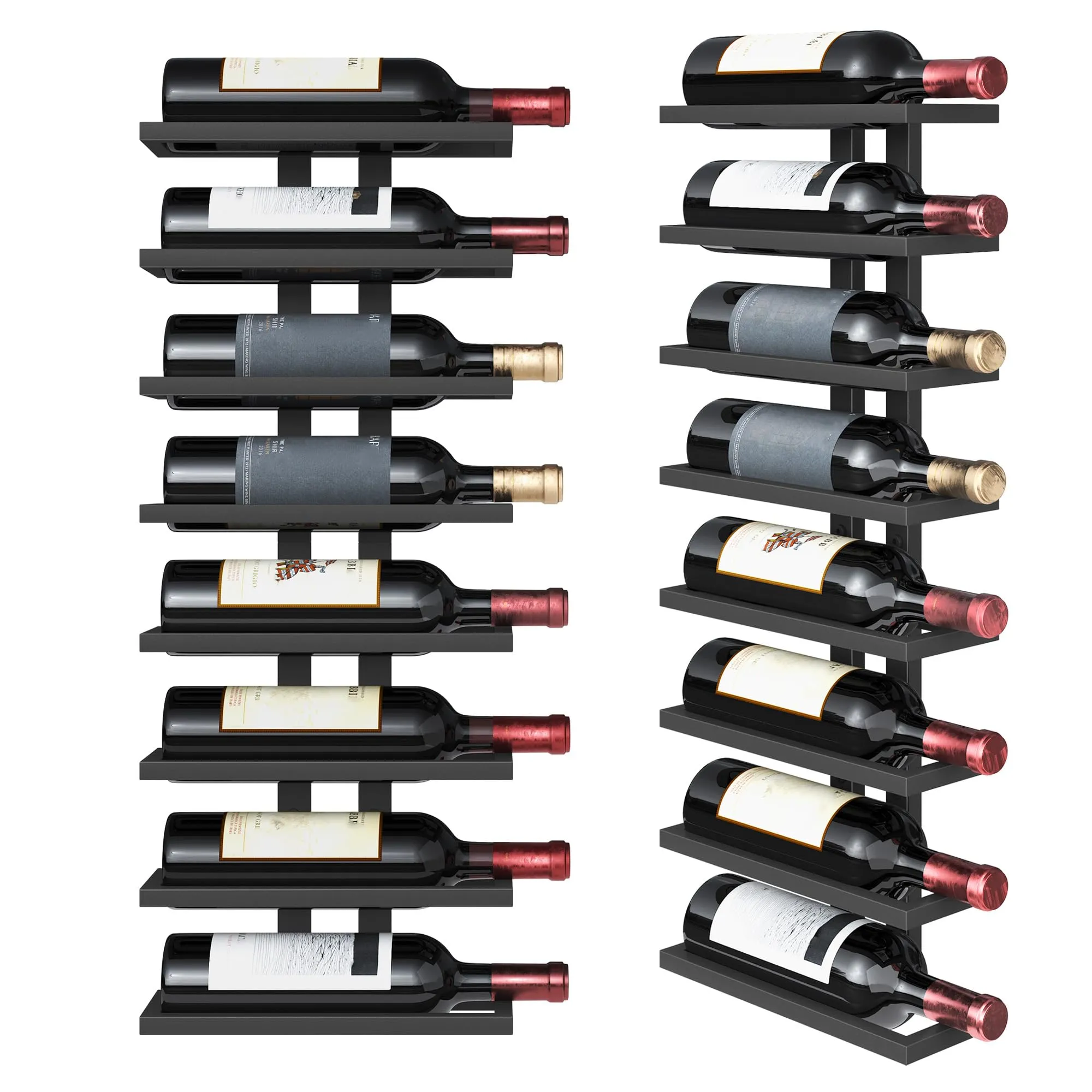 FAVOOSTY Portabottiglie da parete, portabottiglie con 8 livelli, in metallo, per bottiglie di vino, colore nero, per sala da pranzo, camera da letto, cantina (nero, 1 set)