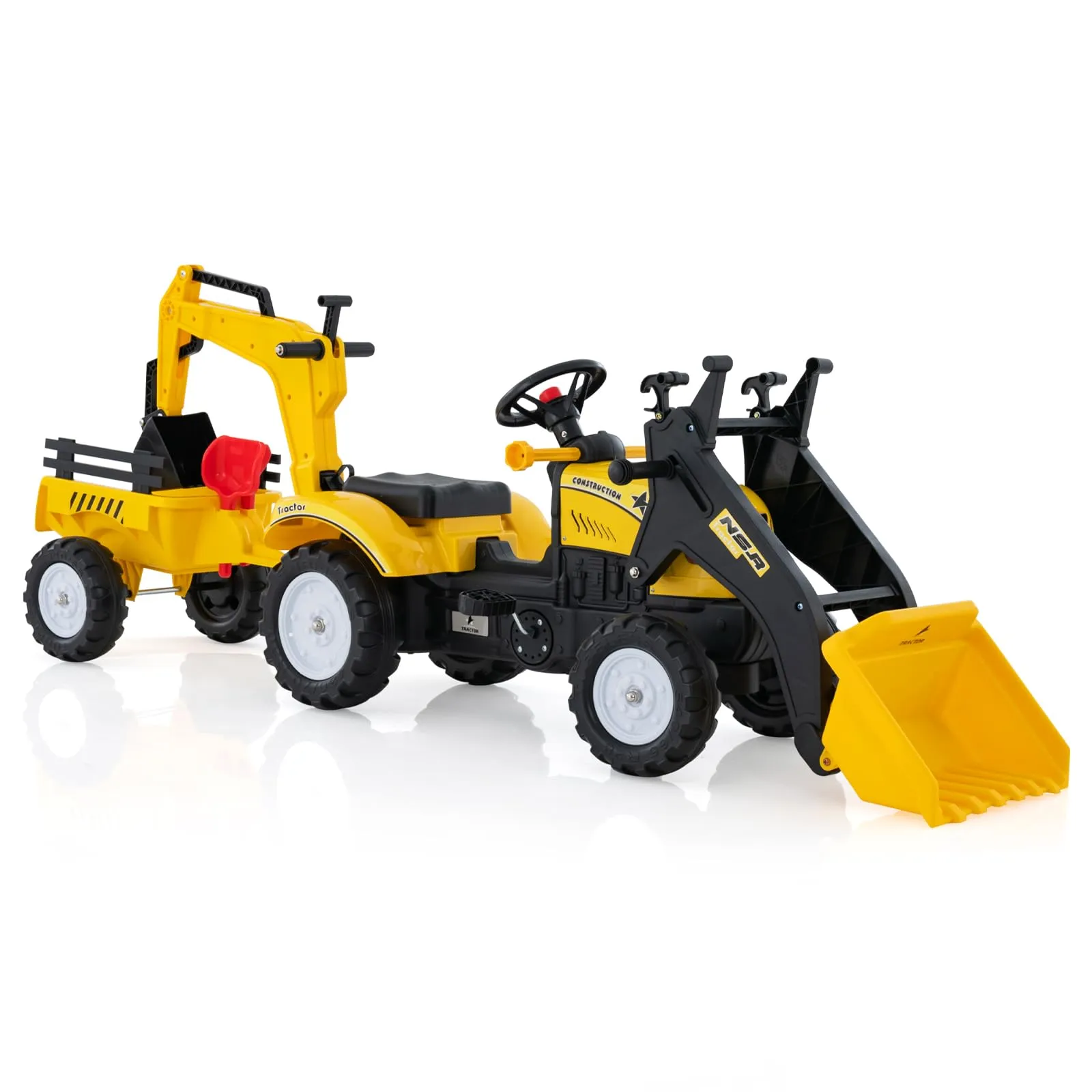 COSTWAY 3 in 1 Escavatore per Bambini, Trattore con Rimorchio Staccabile Cavalcabile per Bambini, con 6 Ruote e 2 Benne, per 3-6 Anni (Rosso)