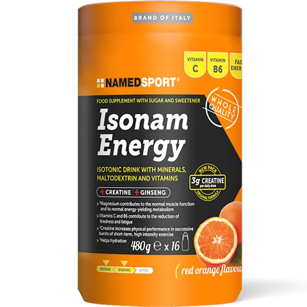 Isonam Energy RED ORANGE 480g - Nuova Formula con 3g di Creatina, Integratore Energetico e Idratante con Sali Minerali, Senza Glutine e Lattosio