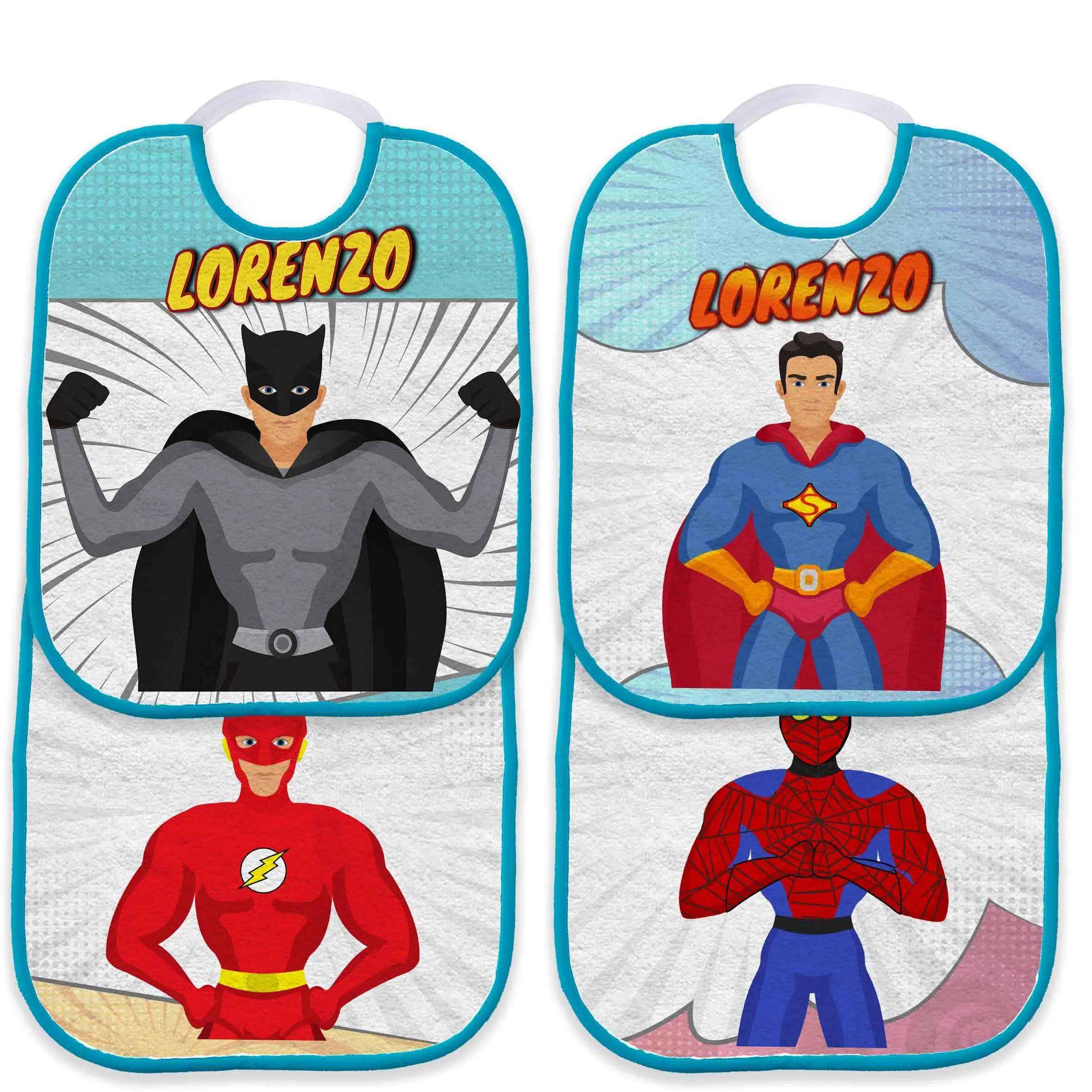 Set Asilo 4 Bavetta Bavaglino con elastico personalizzato con nome del bambino (Supereroi Bordo Azzurro)