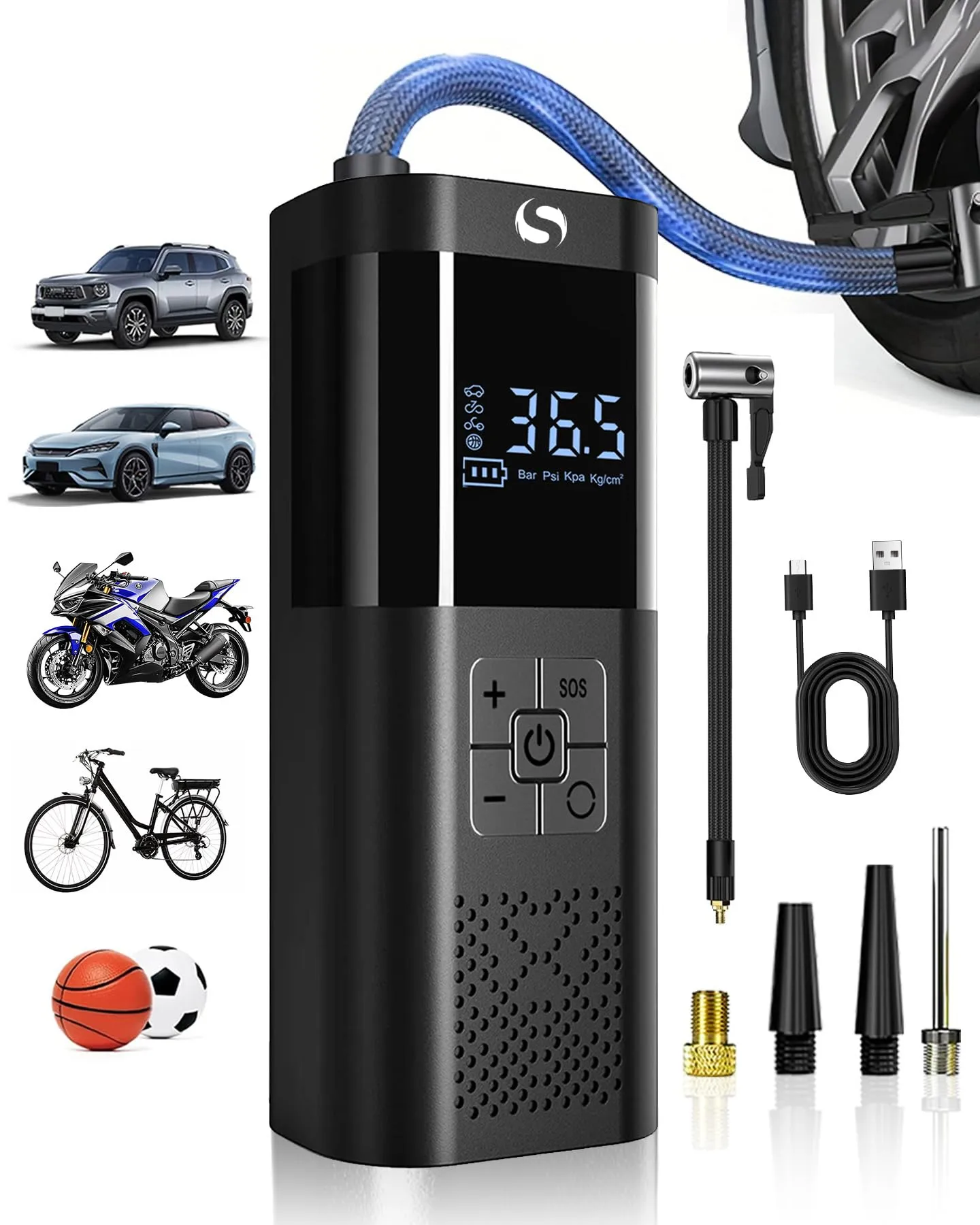 SERVOMASTER Compressore Aria Portatile, Mini Compressore a Batteria con Manometro, Accessori Auto per Gli Uomini Donne, 150PSI Gonfiatore Elettrico con Luce LED Adatto per Auto Moto Bici Palla