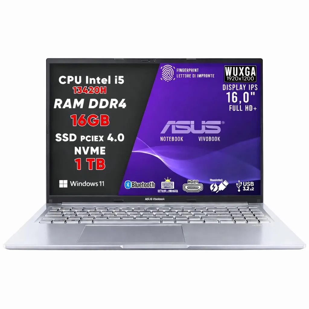 ASUS VivoBook Pc Portatile, Notebook i5 13420H, RAM DDR4 16Gb, SSD 1Tb PCI-e 4.0, DISPLAY IPS WUXGA 16,0" FHD, Computer Portatile, Laptop con Tastiera Retroilluminata, Fingerprint, Win 11 Pro, 16"