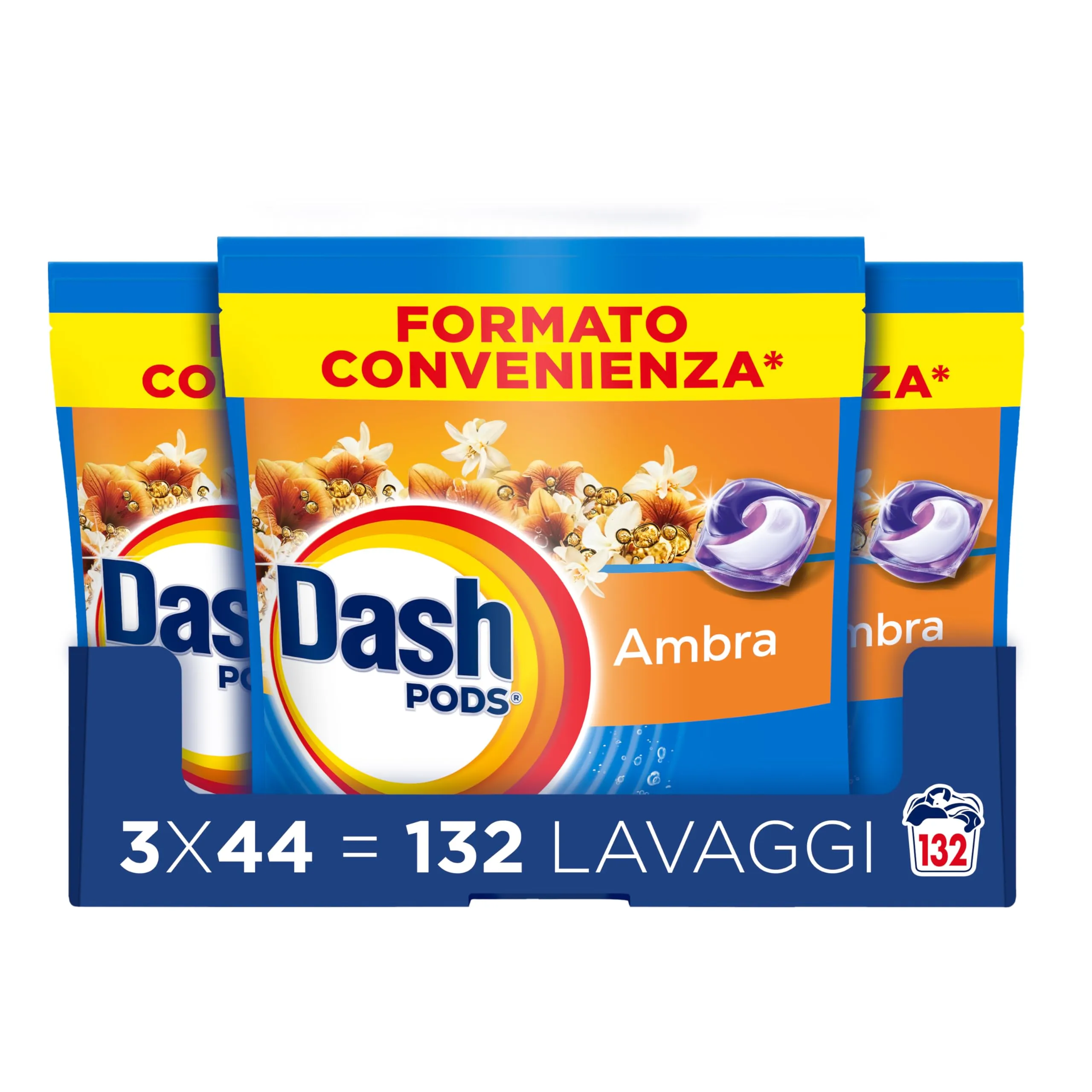Dash Pods Detersivo In Capsule, 132 Lavaggi (3x44), Ambra, Rimuove le Macchie, Igienizza, Dona Freschezza, Brillantezza Per I Capi