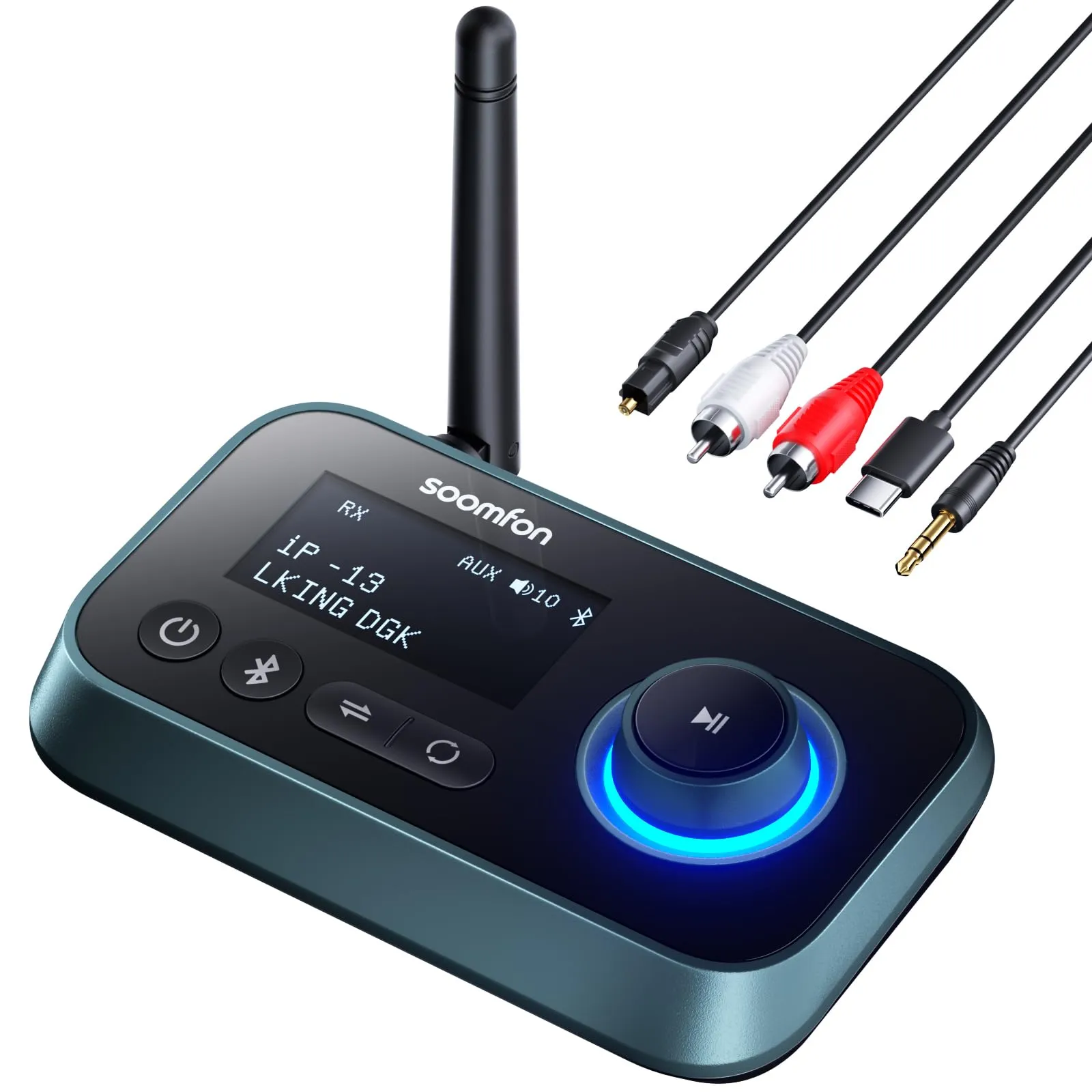 Trasmettitore Ricevitore Adattatore Audio Bluetooth 5.0 con Cavi Aux/Ottico/RCA, SOOMFON Adattatore Audio Hi Fi con Jack 3.5mm e Optical, per TV, PC, Lettore CD, Stereo Casa, Cuffie, con LCD Display