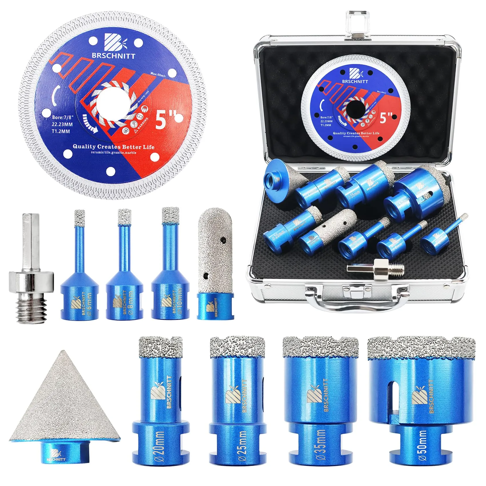 BRSCHNITT Punta per Trapano Diamantata Set - 6/8/10/20/25/35/50mm+20/50mm Versatile Fresa Diamantata Gambo Esagonale a M14 Filo per Porcellana Granito Piastrella Marmo Taglio a Secco