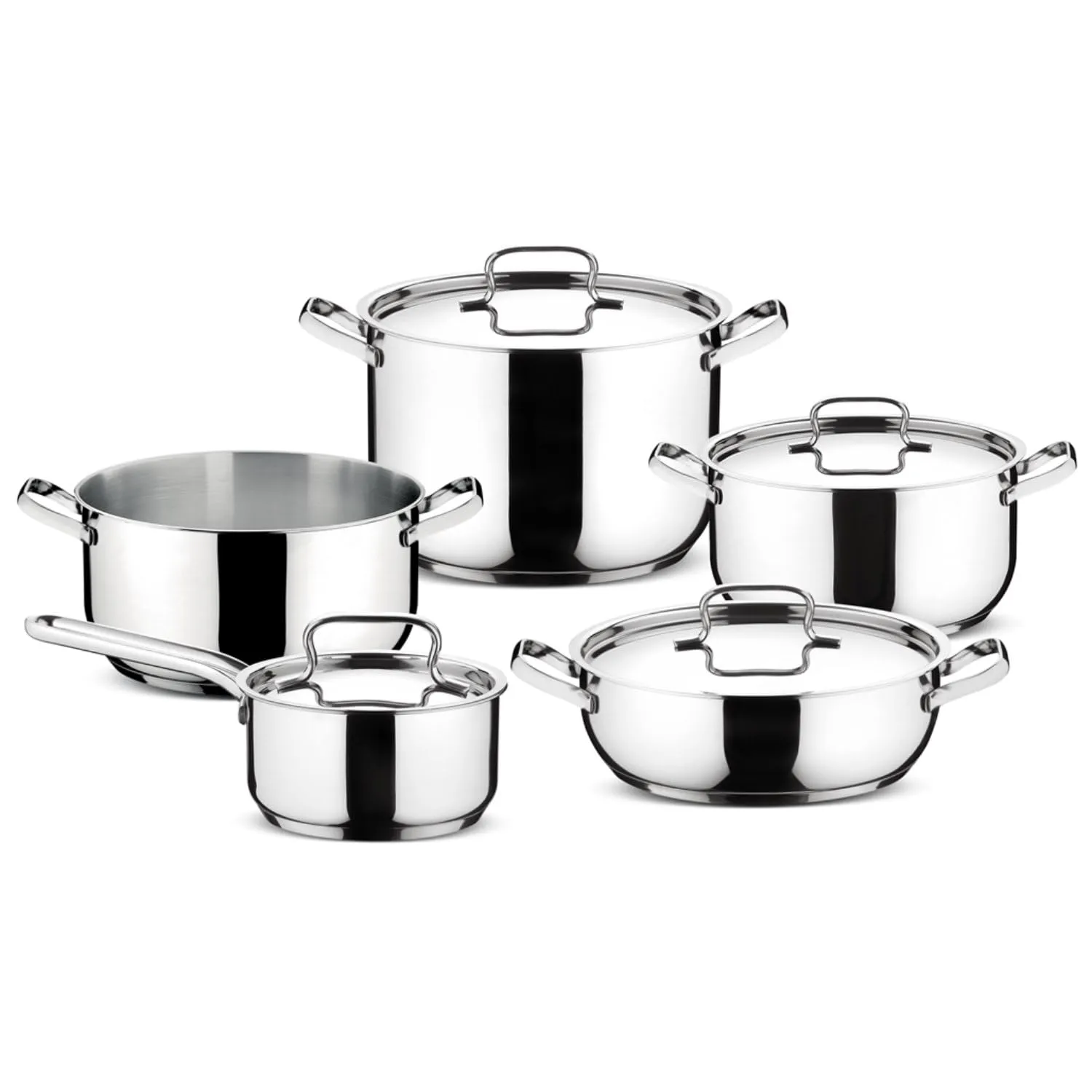 Lagostina Sfiziosa, Set di 9 Pentole con Fondo Lagoseal Plus per Tutti i Piani Cottura, Rivestimento in Acciaio Inox per Rapido Riscaldamento e Cottura Uniforme, Design Elegante di Lunga Durata