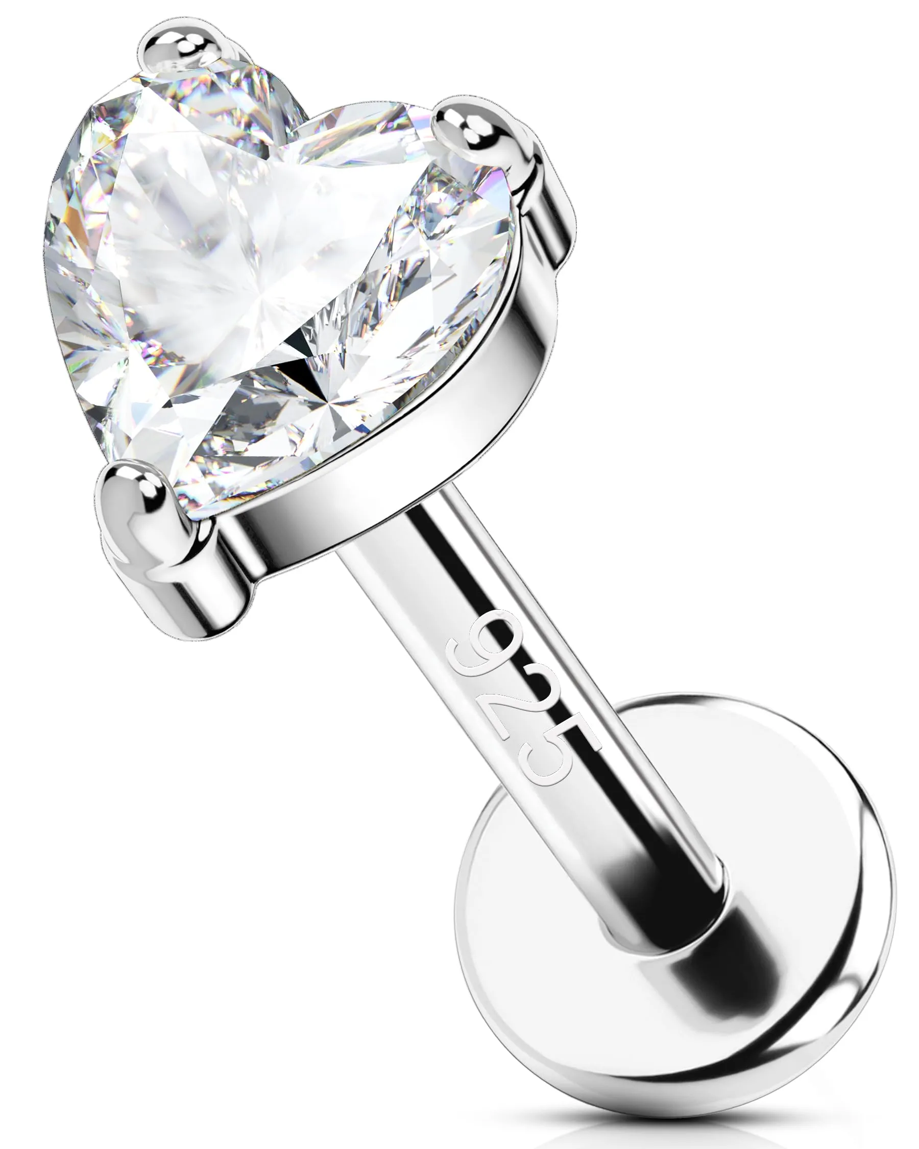 OUFER 16G Cuore Orecchini Helix Argento 925 Filettato Interno Piercing Trago Uomo Transparent CZ Conch Lobe per Donne 6/8 mm Lip Stud