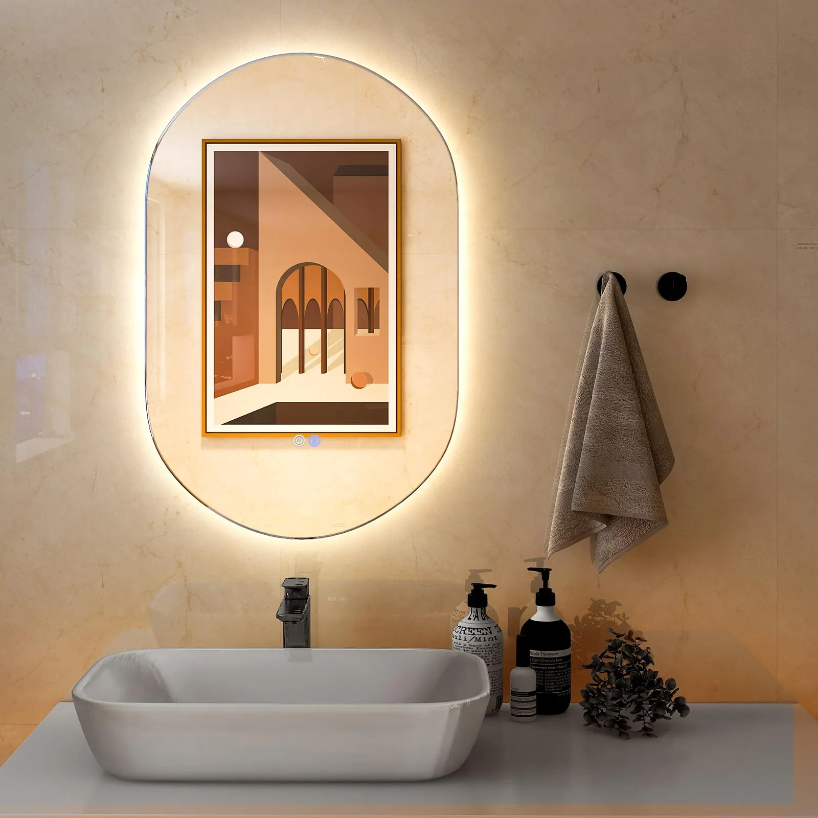 COSTWAY Specchio LED da Bagno 80x50 cm, Specchio da Parete Ovale con Pulsanti Touch, 3 Colori, Antiesplosione Antiappannamento, IP44