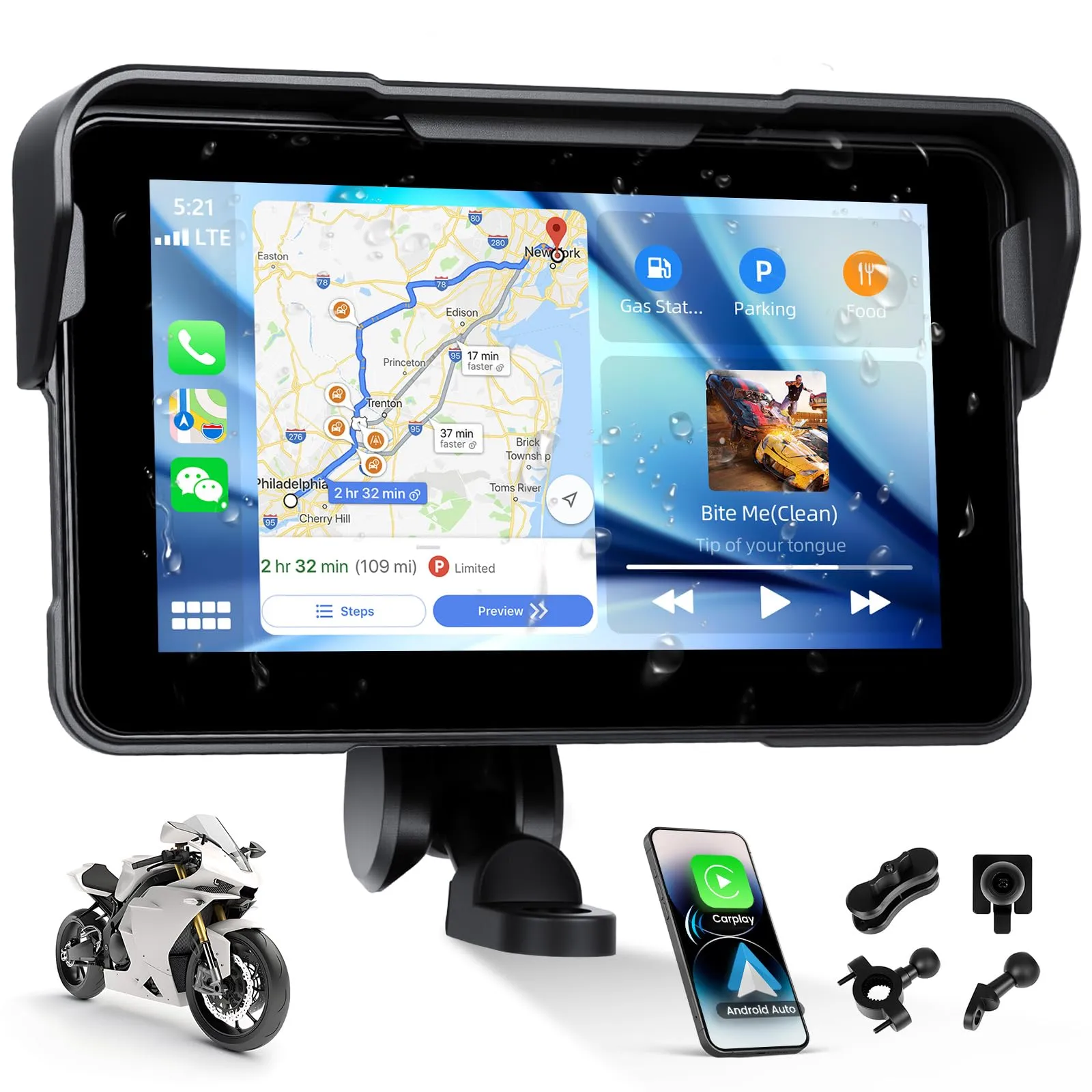 SIXTOP Schermo CarPlay per Moto, CarPlay e Android Auto Wireless per Moto, Touchscreen Impermeabile da 5 Pollici, Audio Bluetooth, Navigazione GPS, Siri