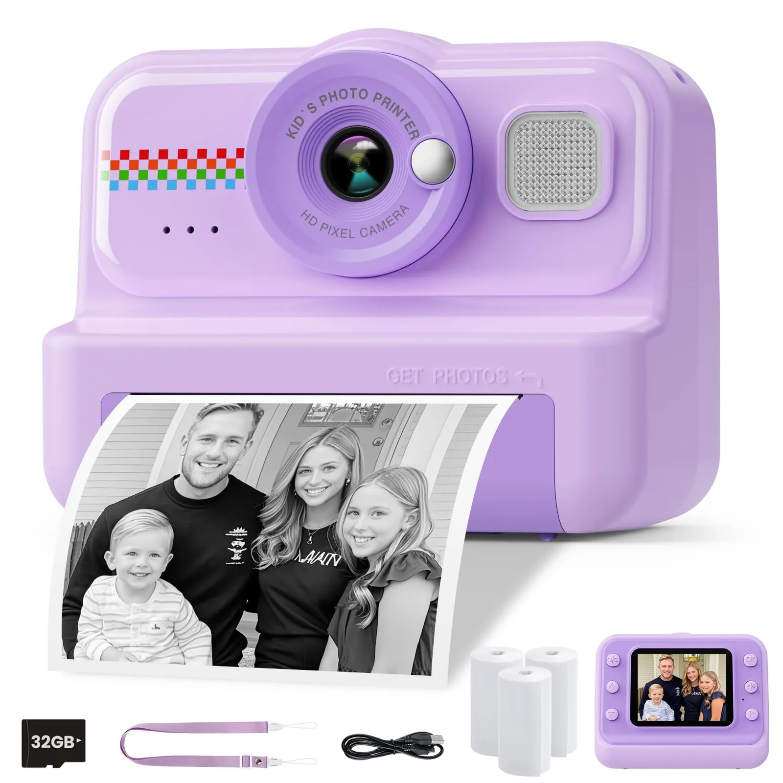 HiMont Macchina Fotografica Bambini Istantanea, Fotocamera Istantanea per Bambini HD/1080P con Scheda da 32 GB e 3 Rotoli di Carta da Stampa, Regalo per Bambini per Ragazze Ragazzi da 3-14