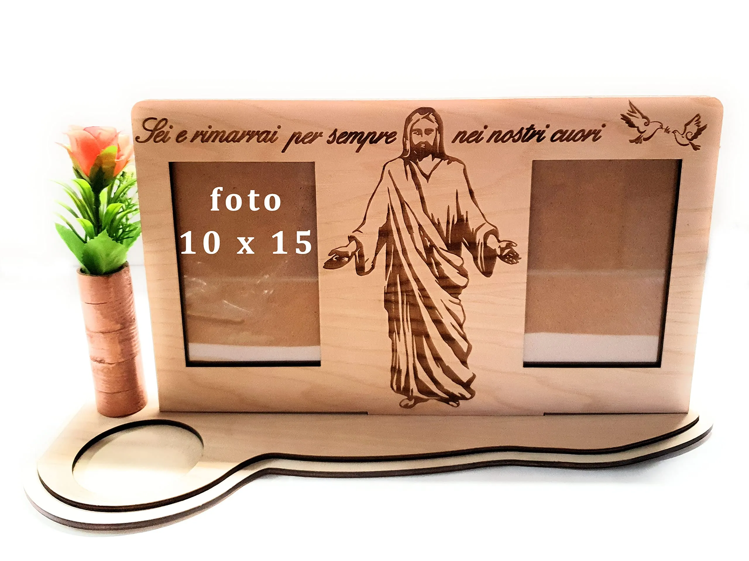 Cornice portafoto commemorativa defunto in legno personalizzata-con vaso per fiore ed incastro per lumino
