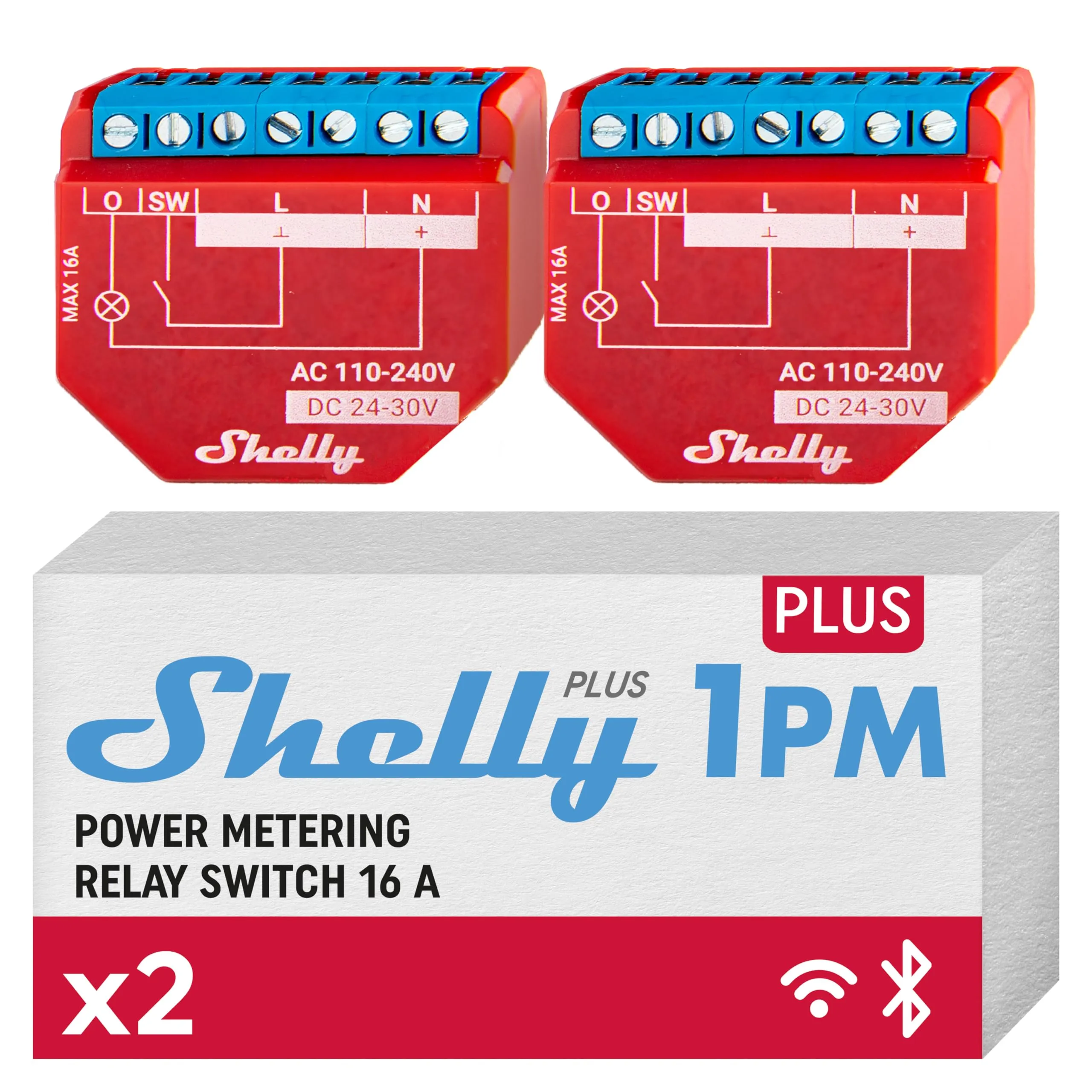 Shelly Plus 1PM, Relè Interruttore Intelligente, Confezione de 2, Wi-Fi e Bluetooth, Misuratore di Potenza, Domotica, Compatibile con Alexa e Google Home, App iOS Android, Nessun Hub Richiesto