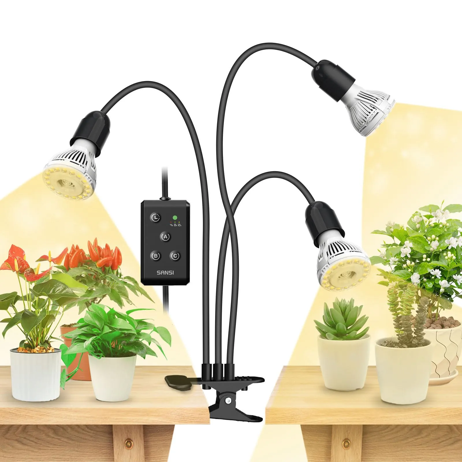 SANSI Lampada a LED per Piante da Interno, 30W (equivalenti a 450W) Spettro Completo 3 Clip a Collo di Cigno con Timer 4/8/12 Ore, Lampada di Crescita con Alta PPFD per Giardino, Serra