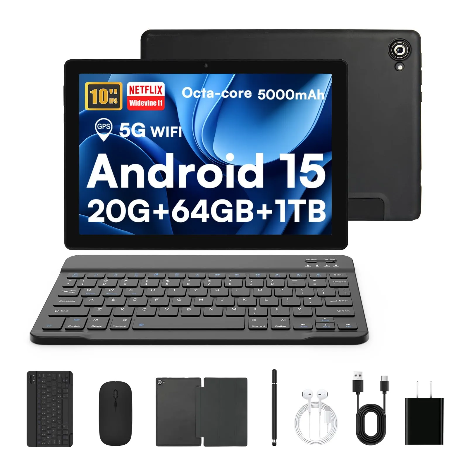 Laptok Tablet, Android 15 Tablet 10 Pollici Con Tastiera, 20GB+64GB+1TB, Octa-Core, Face ID, Tablet PC Con WIFI 5G, Bluetooth 5.4, Widevine L1, 5MP+8MP, 1280 * 800 HD, 5000mAh,2 Anni Garanzia(Nero)