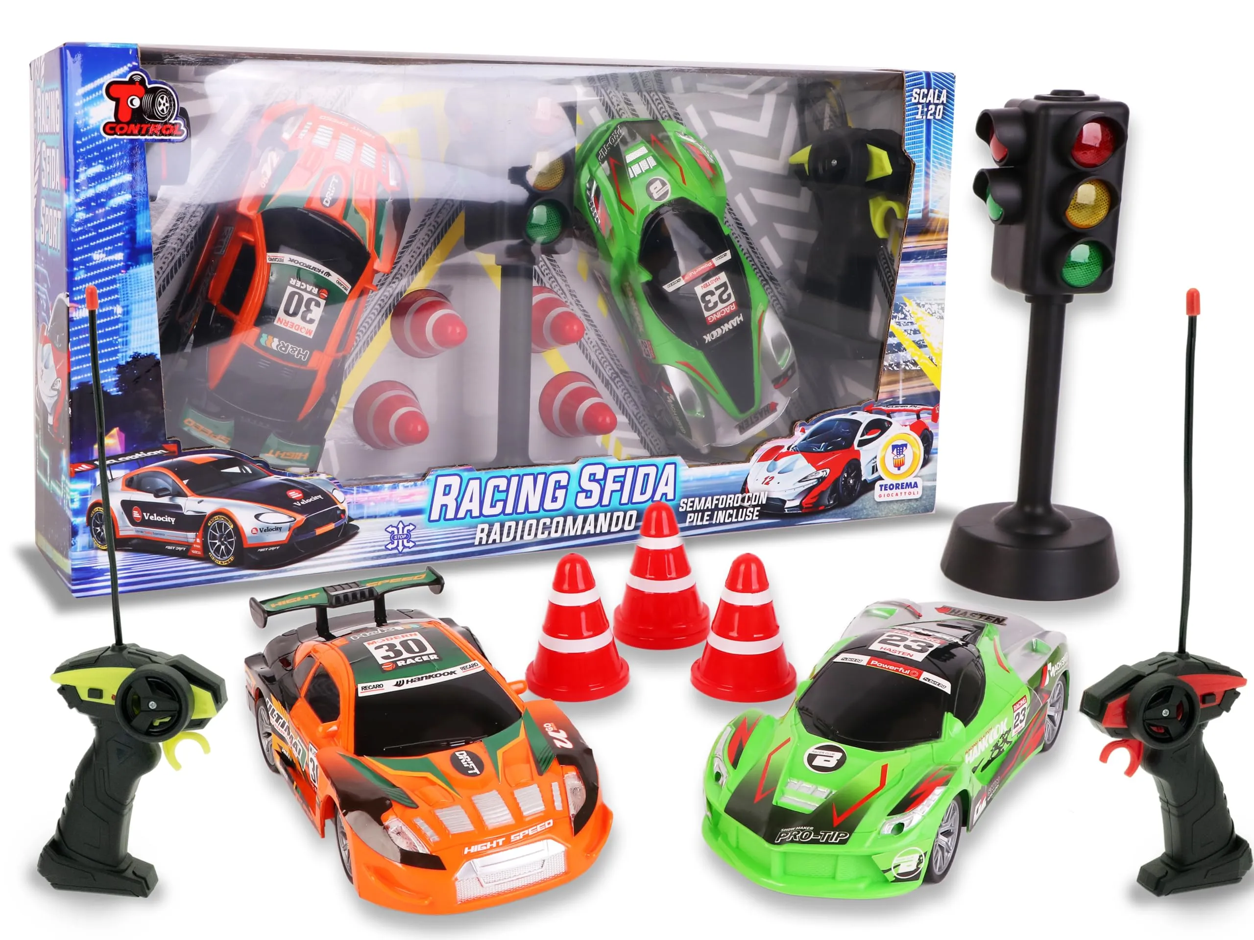 Teorema Giocattoli, Set 2 Macchine Radiocomandate, Racing Sfida Macchina Telecomandata per Bambini con Semaforo Funzionante e Coni, Scala 1:20, Gioco di Corse per Due Giocatori