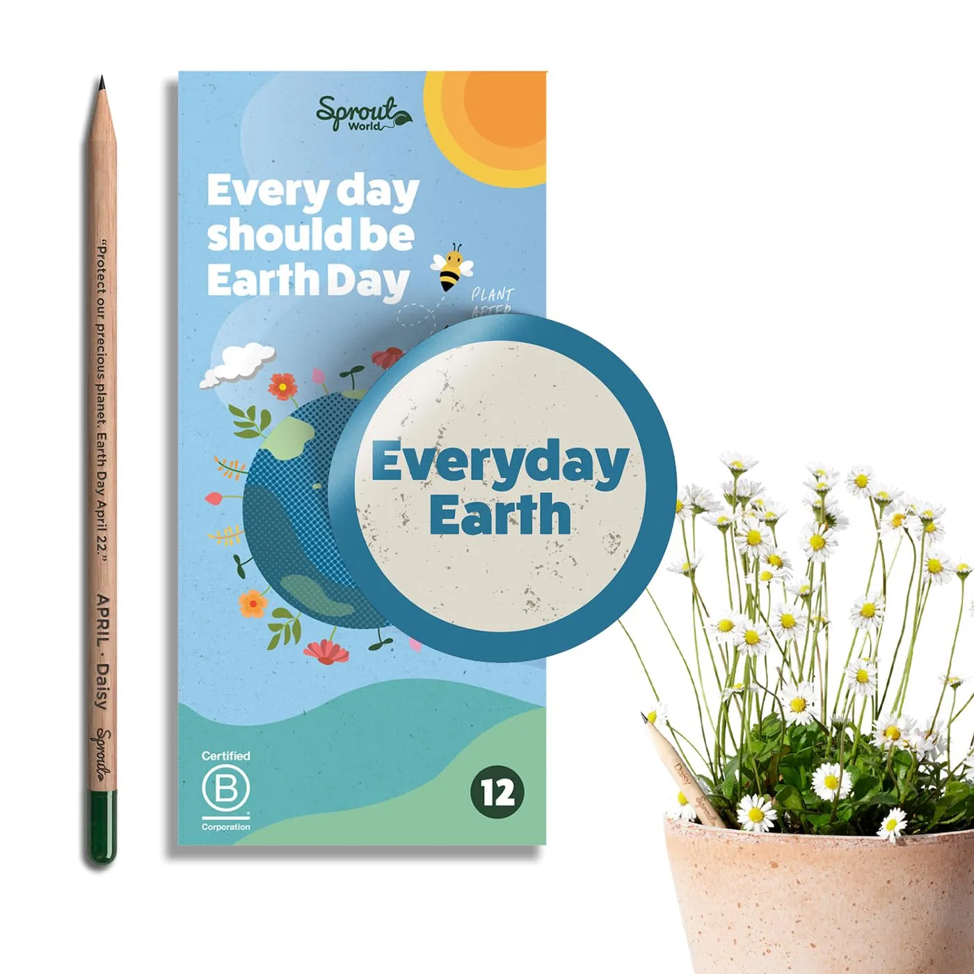SproutWorld Matite Piantabili | EVERYDAY EARTH | 12 Matite in Grafite con 6 Semi di Fiori, Erbe e Frutta | Incise con Pensieri Ispiratori che Si Abbinano al Mese | Matite Pre-Appuntite in Legno HB