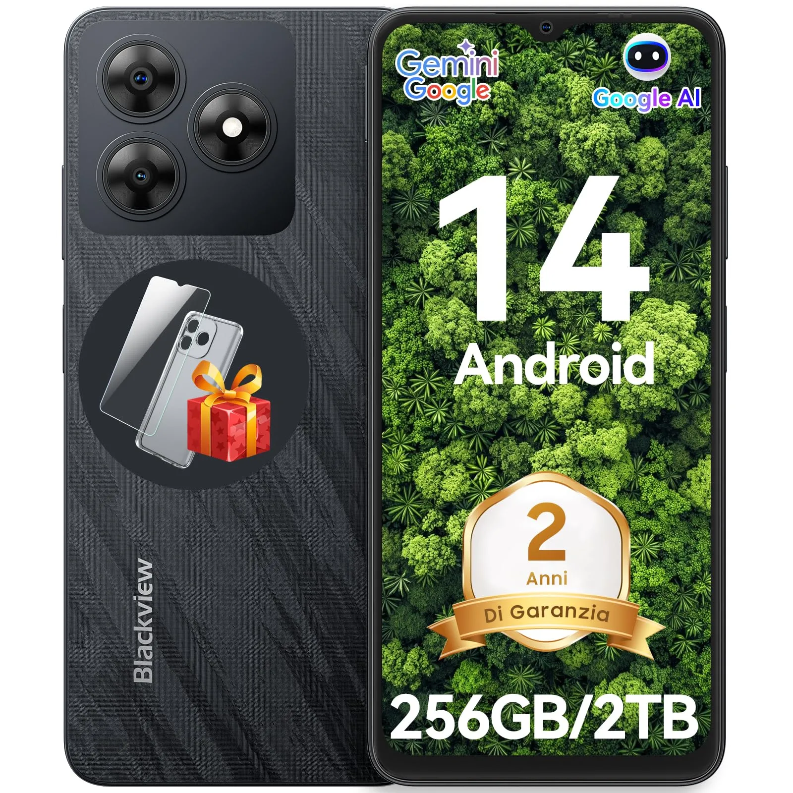 Blackview Android 14 Smartphone Gemini AI, 256GB+12GB 2TB TF,6,56" 90Hz Display, Octa-Core Telefono, 5000mAh, Fingerprint/Face ID/FM/OTG/GPS/3.5mm Jack/Dual SIM