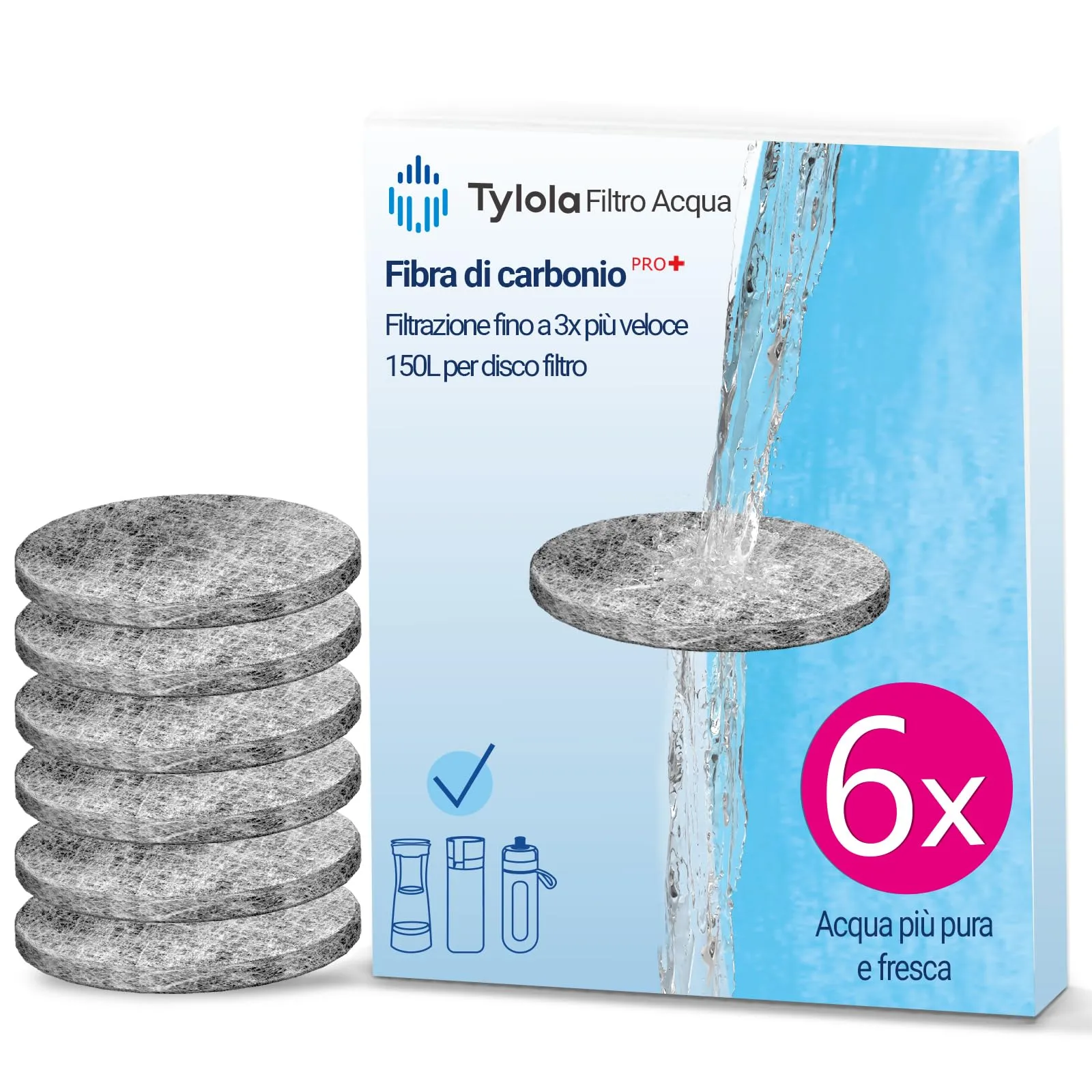 Confezione da 6 dischi filtranti in fibra di carbonio, compatibili con bottiglie e caraffe, riduce fino al 98% cloro, metalli pesanti, impurità, gusto più puro e piacevole - Tylola PRO+