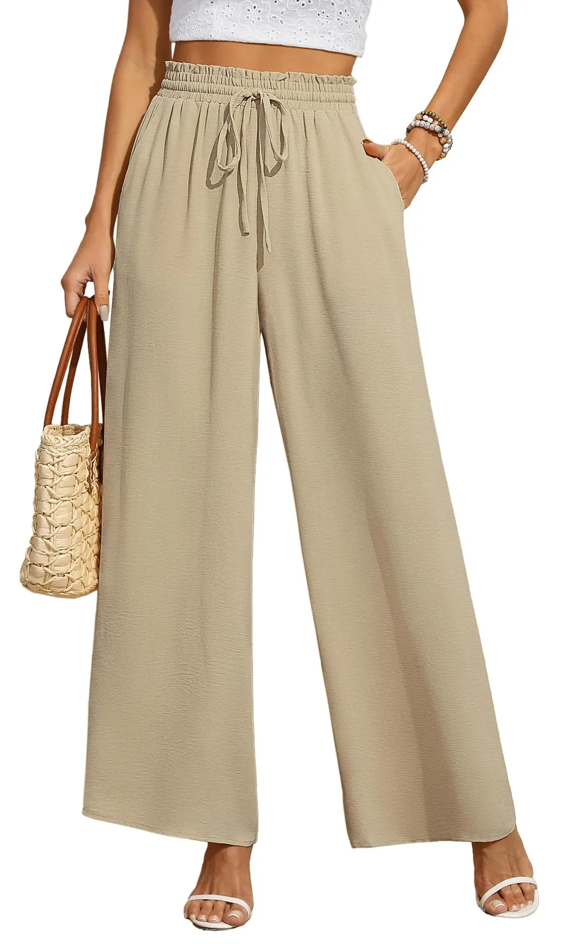 BEIGAI Pantaloni da donna larghi sciolti taglio dritto palazzo pantaloni a vita alta allungabile lounge pantaloni eleganti con tasche, cachi, XXL