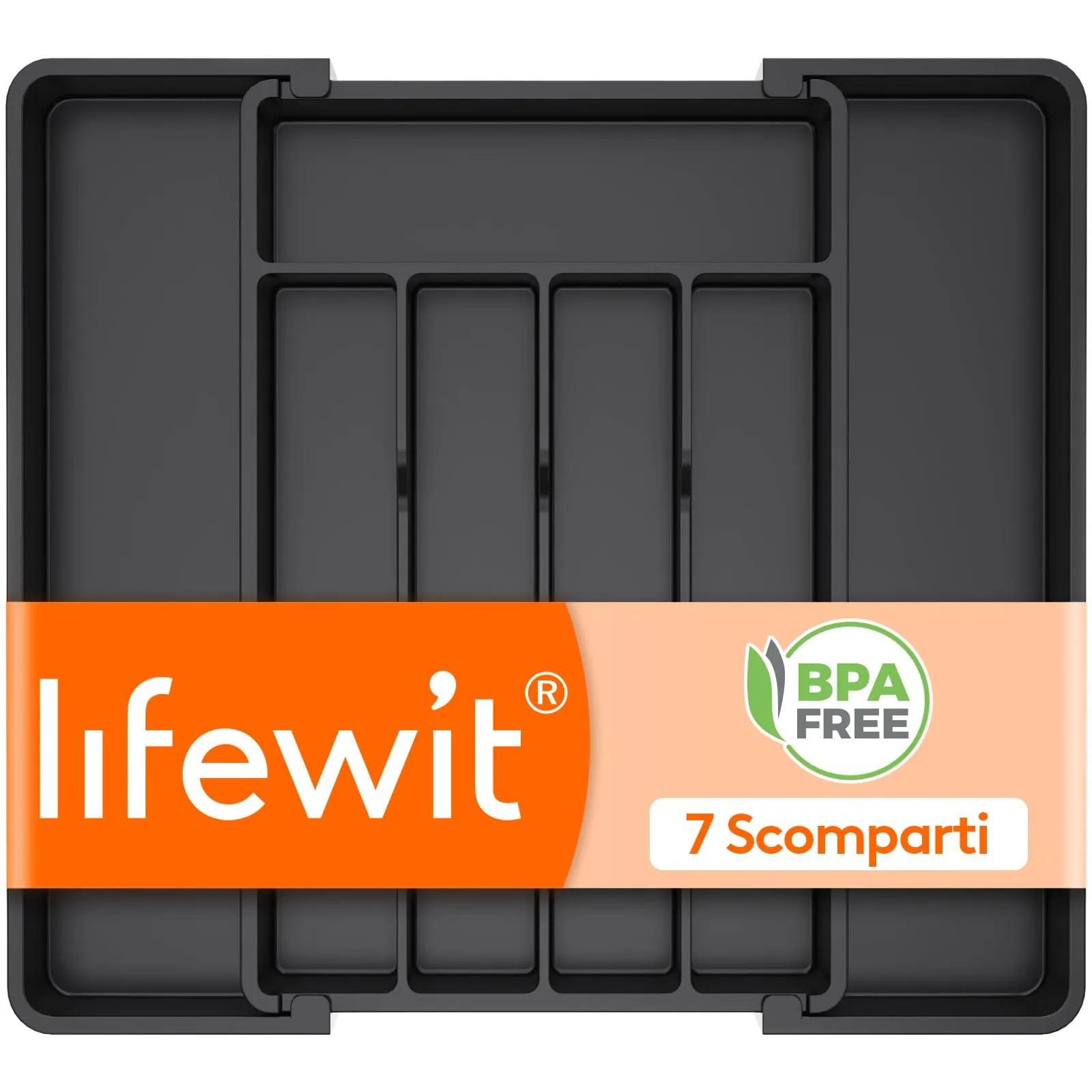 Lifewit Portaposate da Cassetto, Profondità 34,8 cm, Porta Posate Espandibile Fino a 40,9 cm, Porta Posate Cucina Regolabile in Resistente Plastica per Cucchiai, Forchette e Coltelli, Grande, Nero
