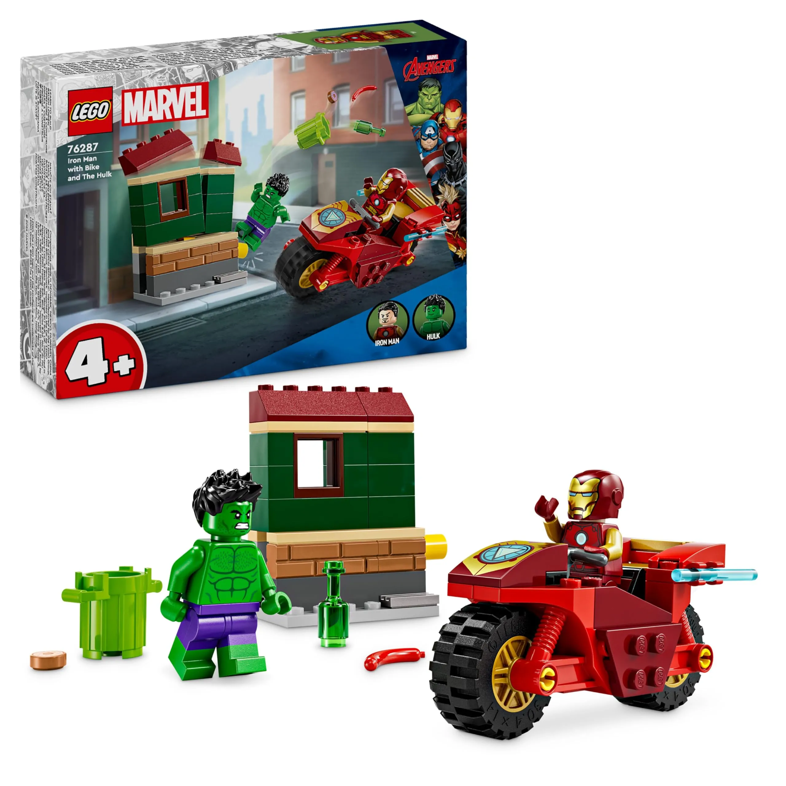 LEGO Marvel Iron Man con Moto e The Hulk, Giocattolo da Costruire con 2 Minifigure di Supereroi e Casa da Demolire, Giochi Creativi per Bambini e Bambine da 4 Anni, Set Avengers da Collezione 76287