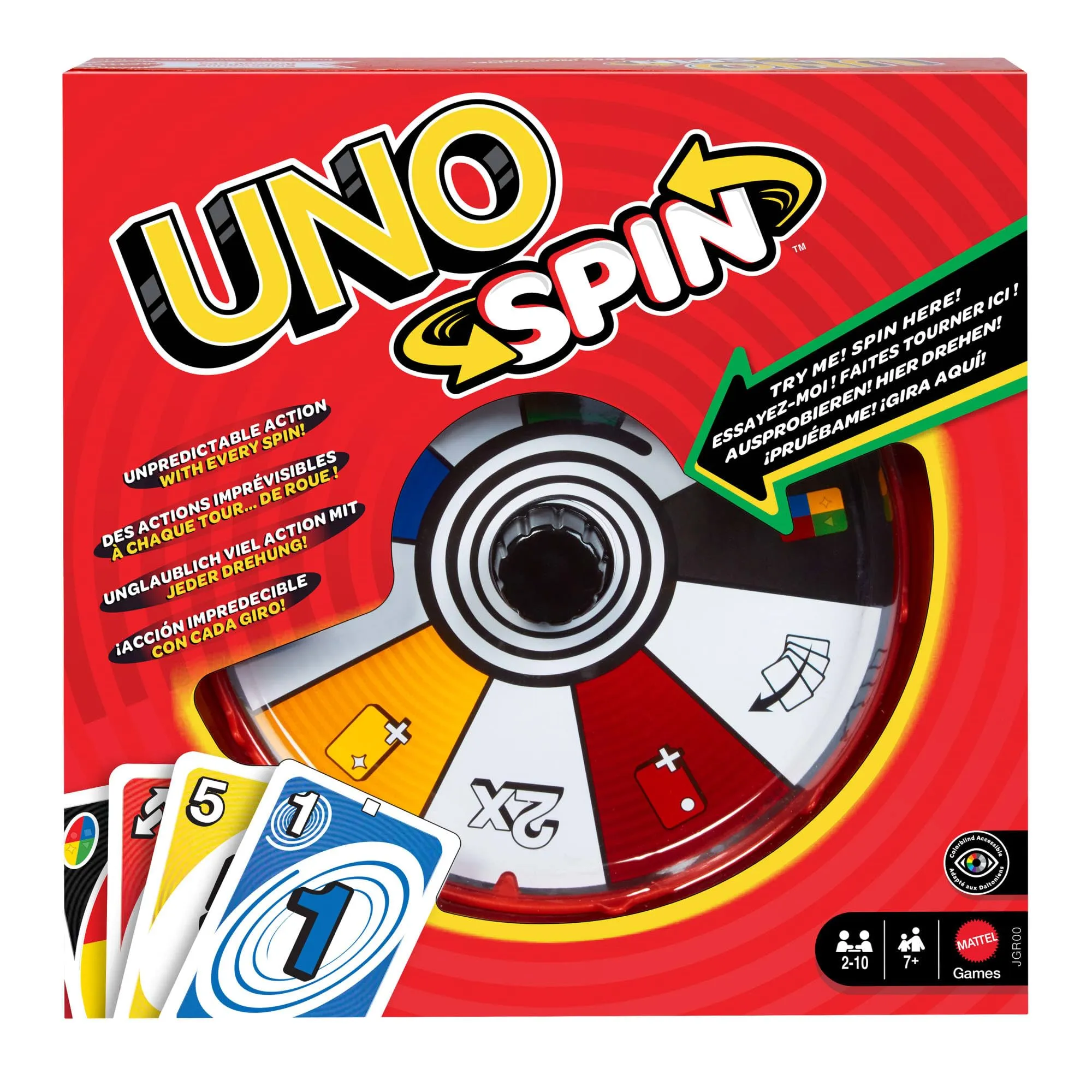 Mattel Games - UNO Spin, versione dell'iconico gioco con spinner e nuove regole, carte speciali per girare la ruota con diversi comandi, per serate di gioco, 7+ anni, JGR00