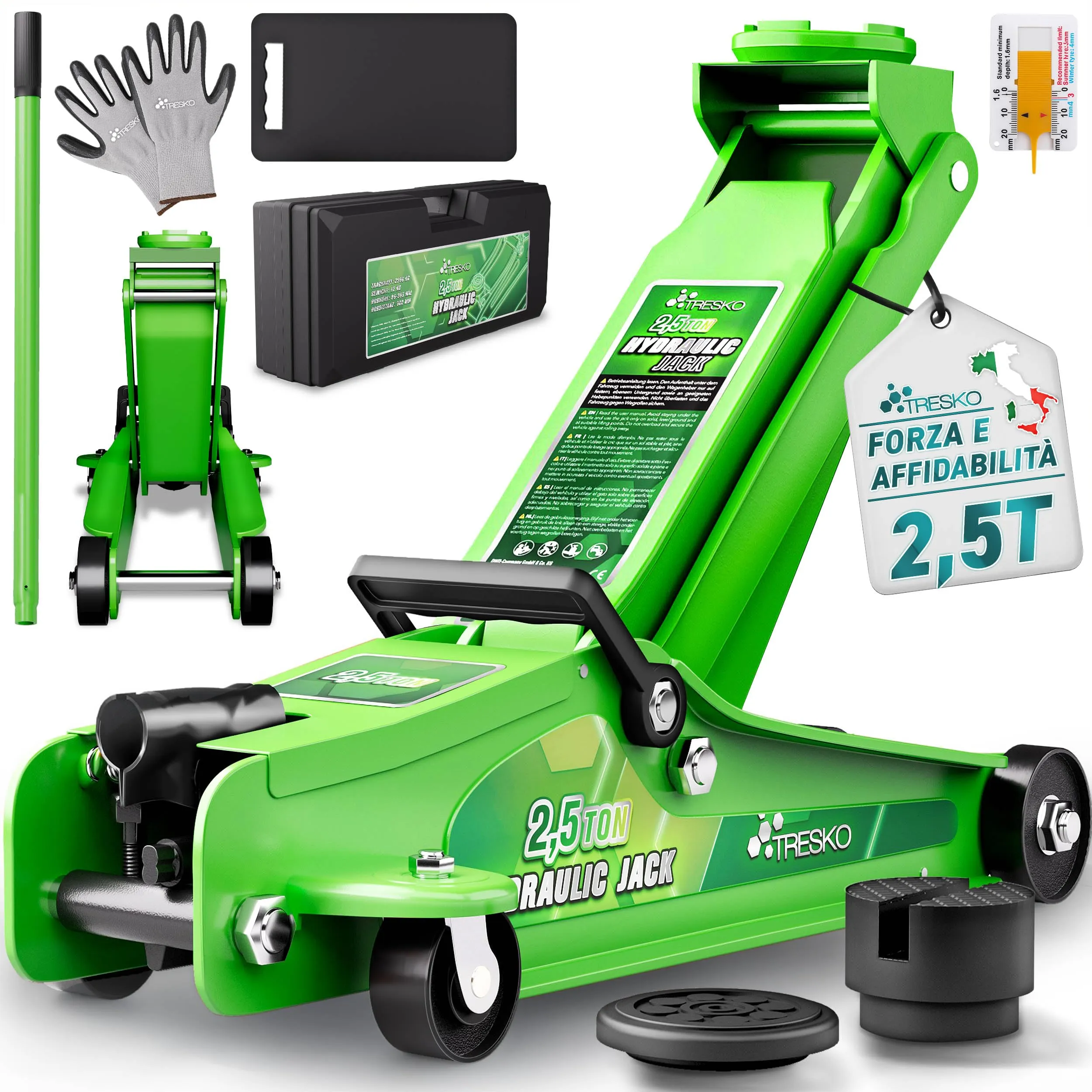 TRESKO Cric idraulico 2,5T altezza di sollevamento 85-385 mm con valigetta | Cric idraulico auto piatto per auto – Ruote a 360° con 2 cuscinetti in gomma, tappetino per ginocchia, guanti, coltello