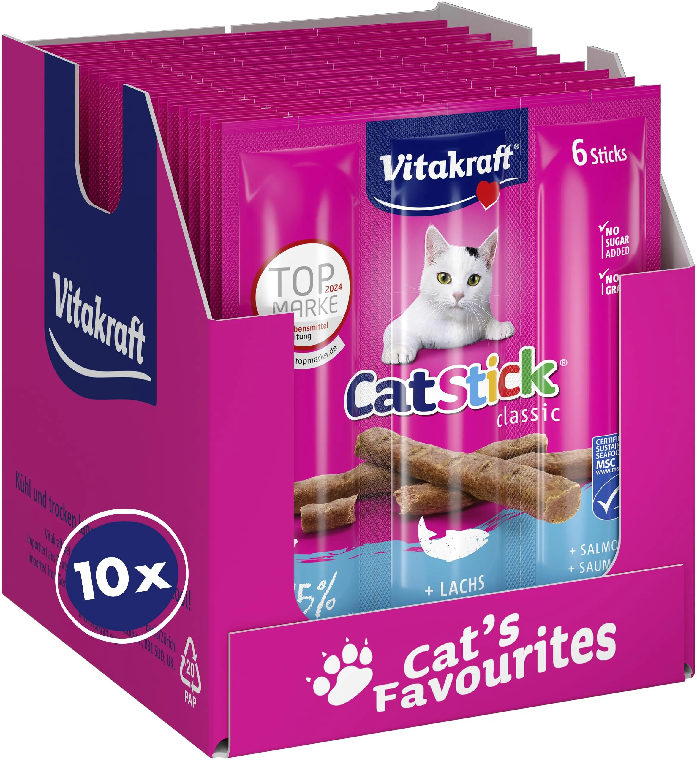 Vitakraft Cat Stick Classic, snack gatto, mini stick di carne, con salmone, in formato convenienza, senza l'aggiunta di zuccheri e cereali (10 x 6 stick da 6 g)