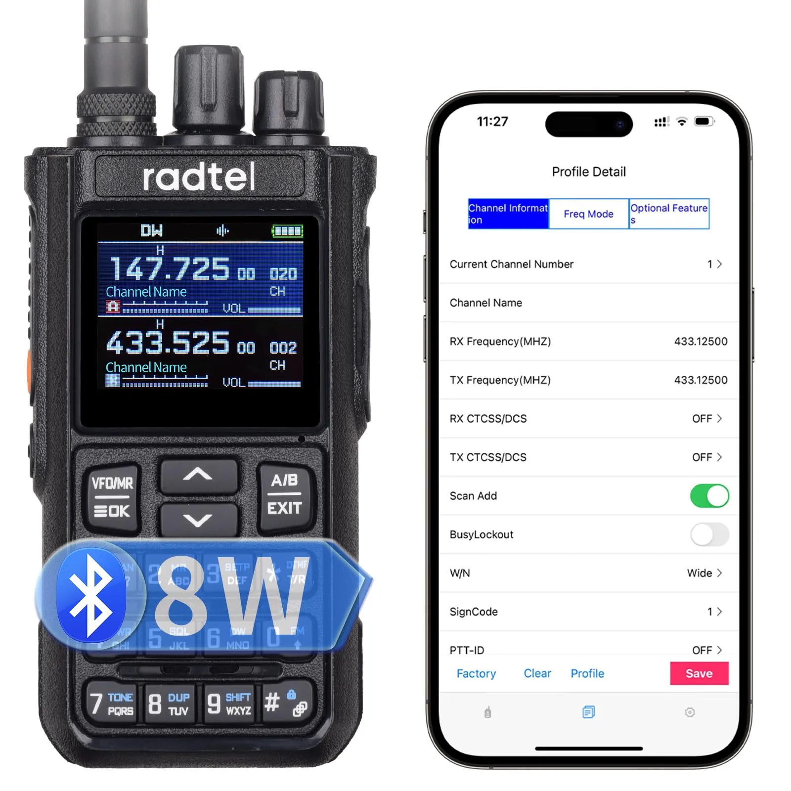 Radtel RT-900 Walkie Talkie Portatile Long Range 8W Multi-Banda, Radio Bi-direzionale VHF/UHF 256 Canali, Batteria 2200mAh, Correlazione di Frequenza, Banda Aeronautica (Programmazione Bluetooth).