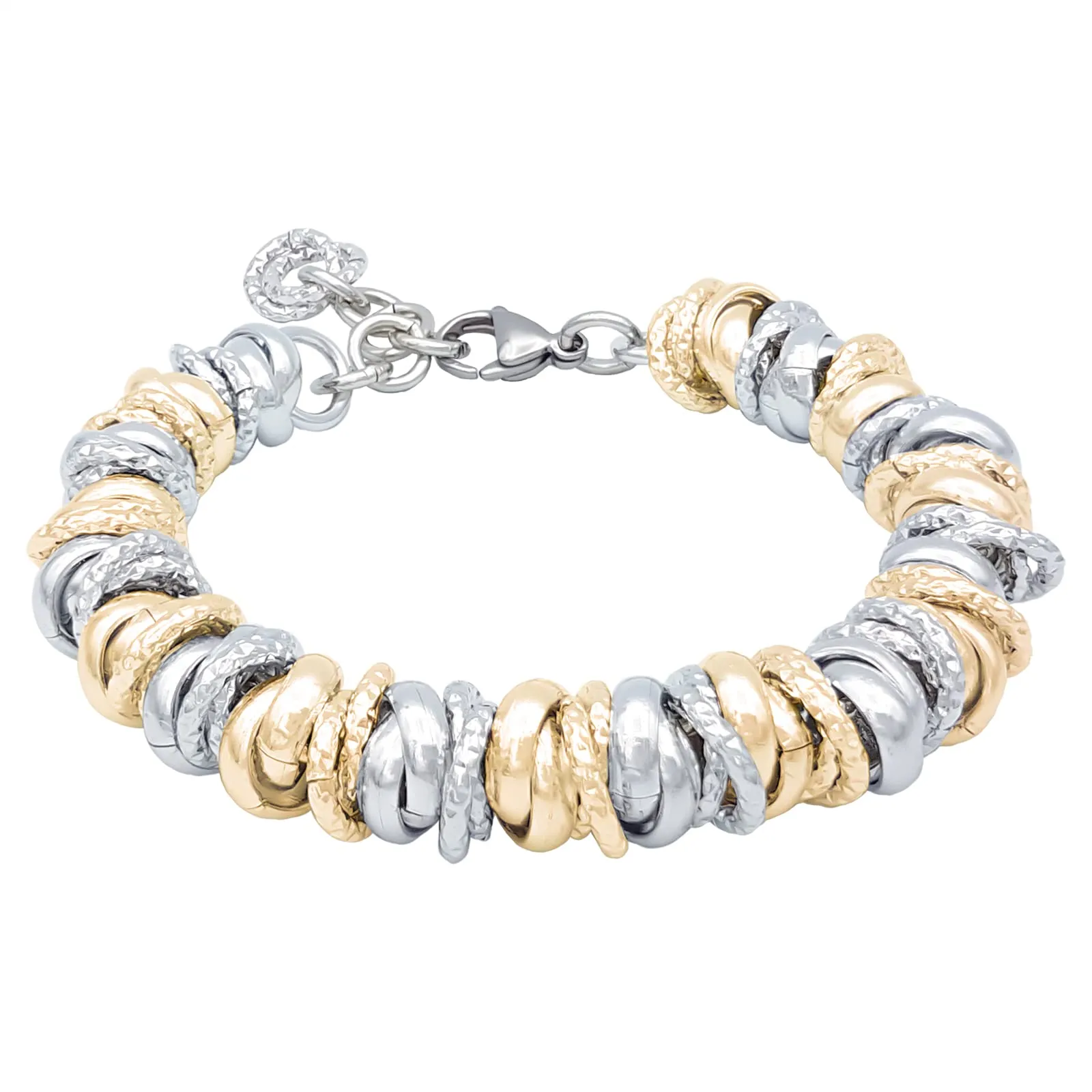 ParticolarModa Bracciale Donna regolabile nodini anellini lucido diamantato acciaio alluminio morbido 12 mm (Regolabile da 20 a 23 cm (x polso 16-18), Argentato/Dorato)
