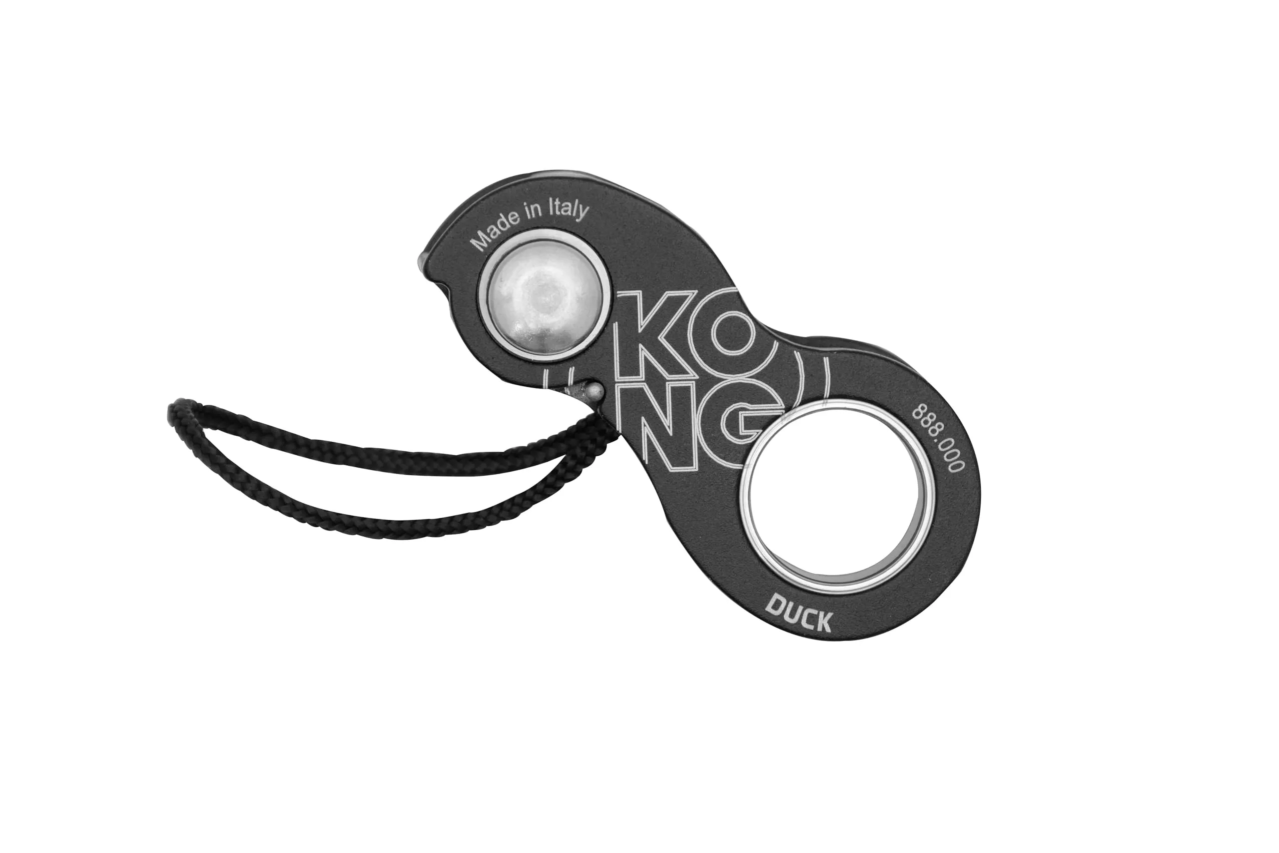 Kong. Duck. Bloccante Ultra-Compatto. Ideale per Arrampicata, Alpinismo, Speleologia e Soccorso su Fune. per Corde 8-13mm. Prodotto in Italia. Certificazioni: EN 567 e UIAA 126. Peso 70 Grammi. Nero