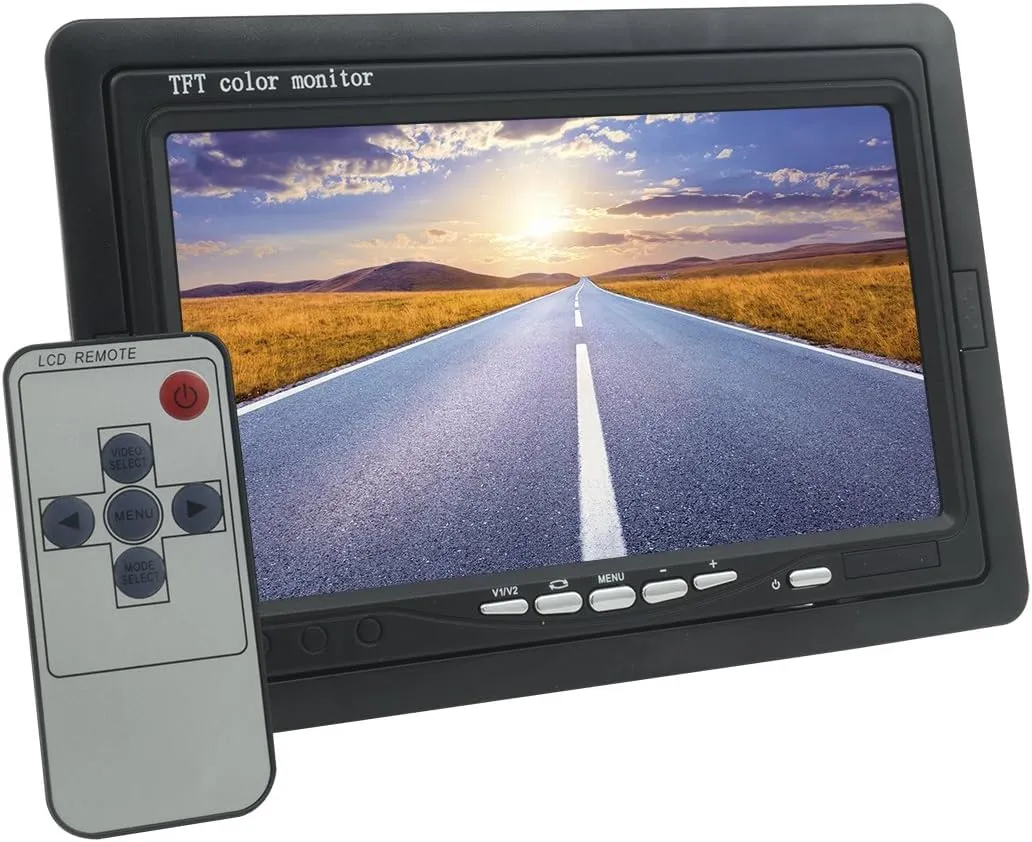SQUADO Monitor LCD TFT 7 Pollici, Display a Colori, 2 Ingressi Video RCA, Supporto Regolabile, per Videosorveglianza