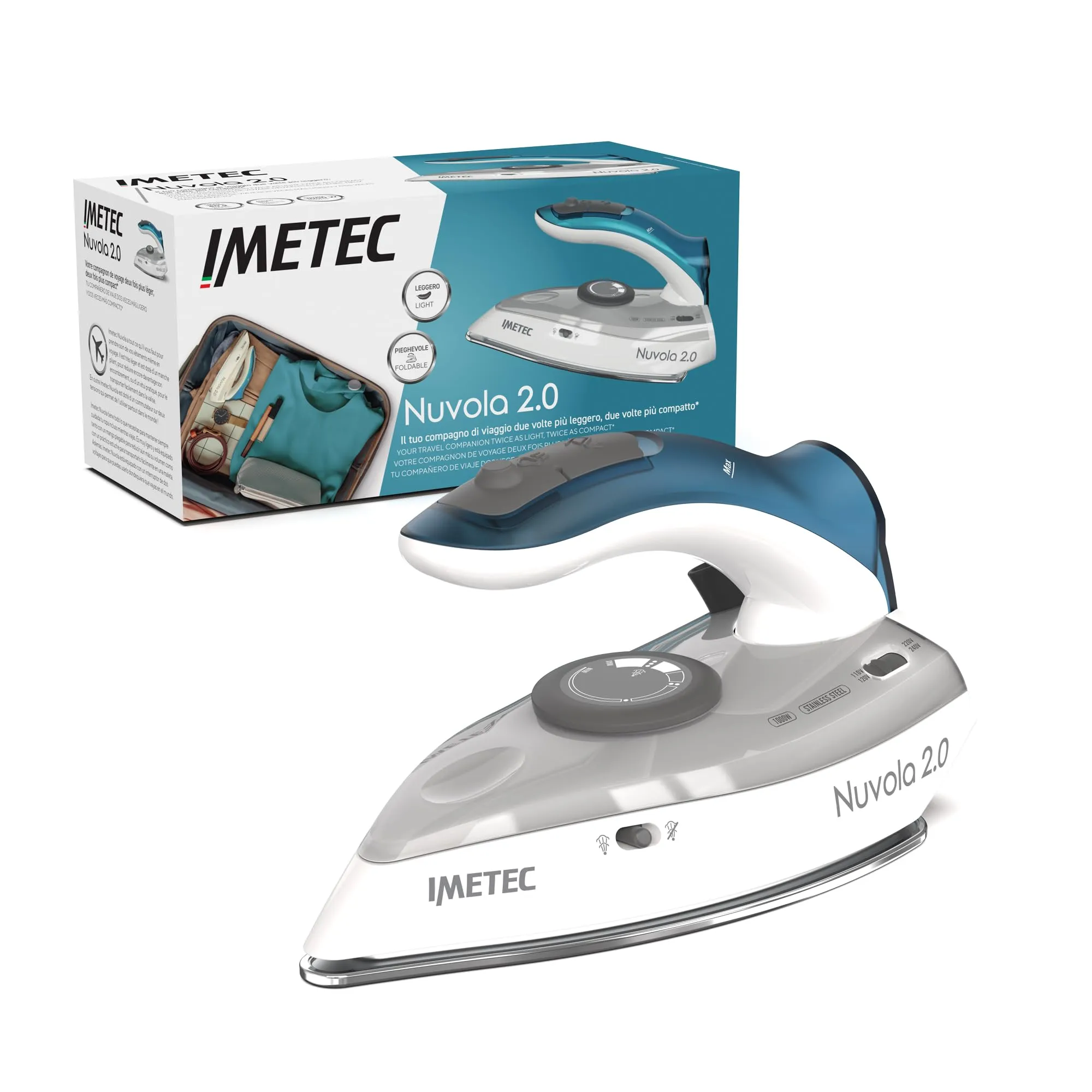 Imetec Nuvola 2.0 - Ferro da Stiro da Viaggio a Vapore - Piastra in Acciaio Inox - 1000 Watt - Compatto e leggero - Manico pieghevole - Custodia da Viaggio - Doppio Voltaggio - Colpo vapore 80 g