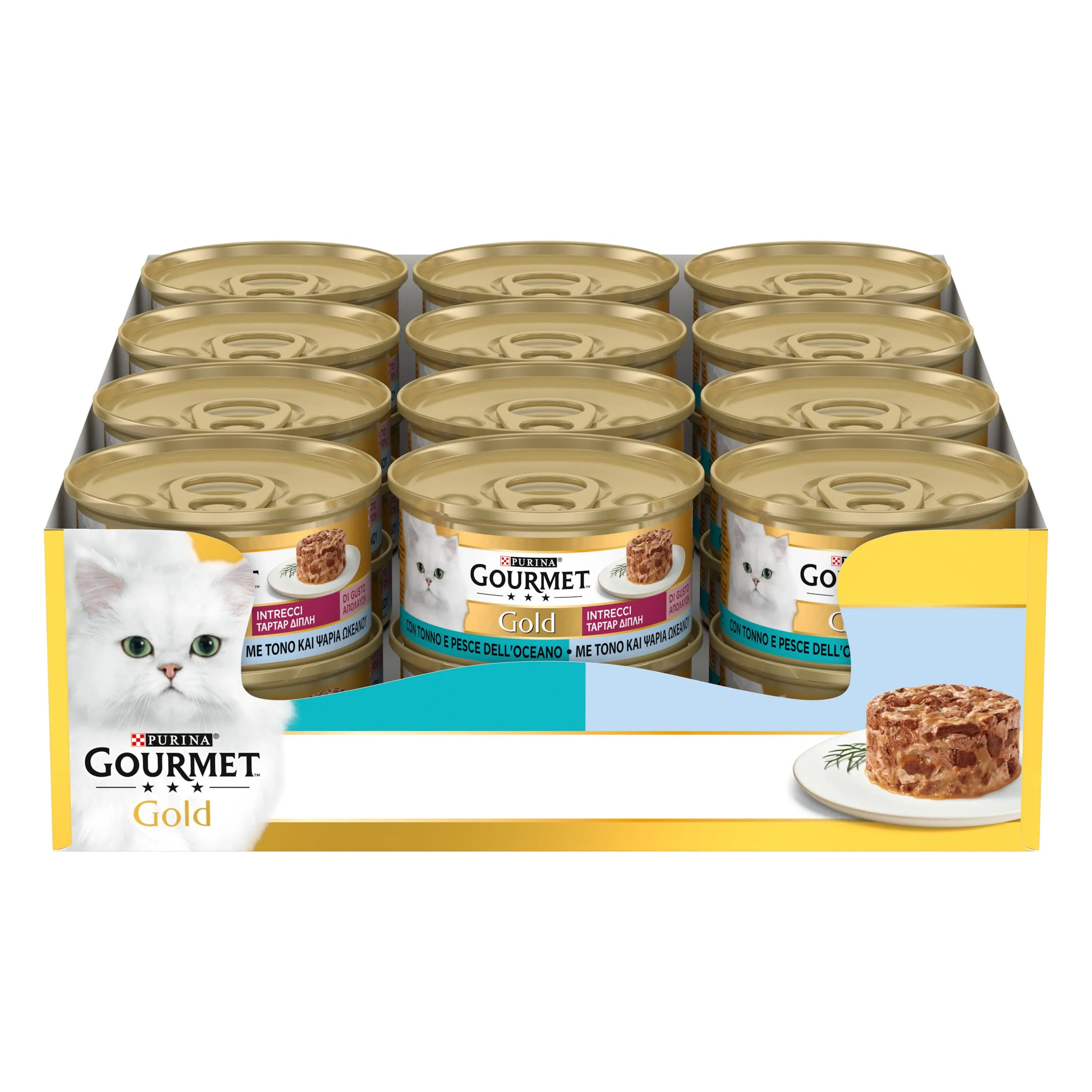 GOURMET Gold Intrecci di gusto Cibo Umido per Gatti Adulti Tortino con Tonno e Pesce dell'Oceano 24 Lattine da 85g