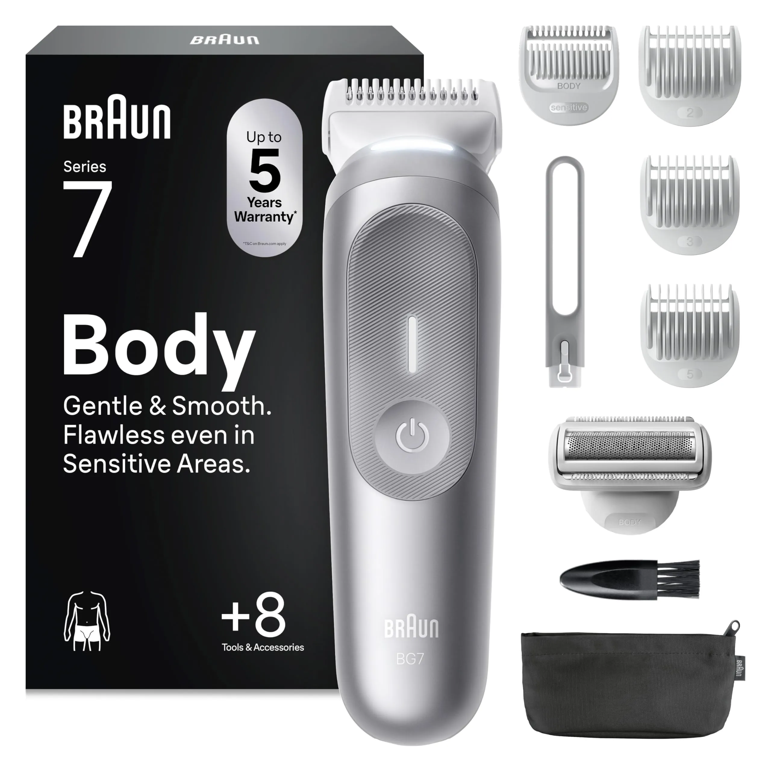 Braun Rasoio Elettrico Corpo Uomo Series 7, +8 Strumenti Cura Corpo, Luce Smartlight & SkinGuard, 100 Min Utilizzo, Testine SmoothShave & SensitiveTrim, Impermeabile, Rasoio Intimo Uomo, Grigio