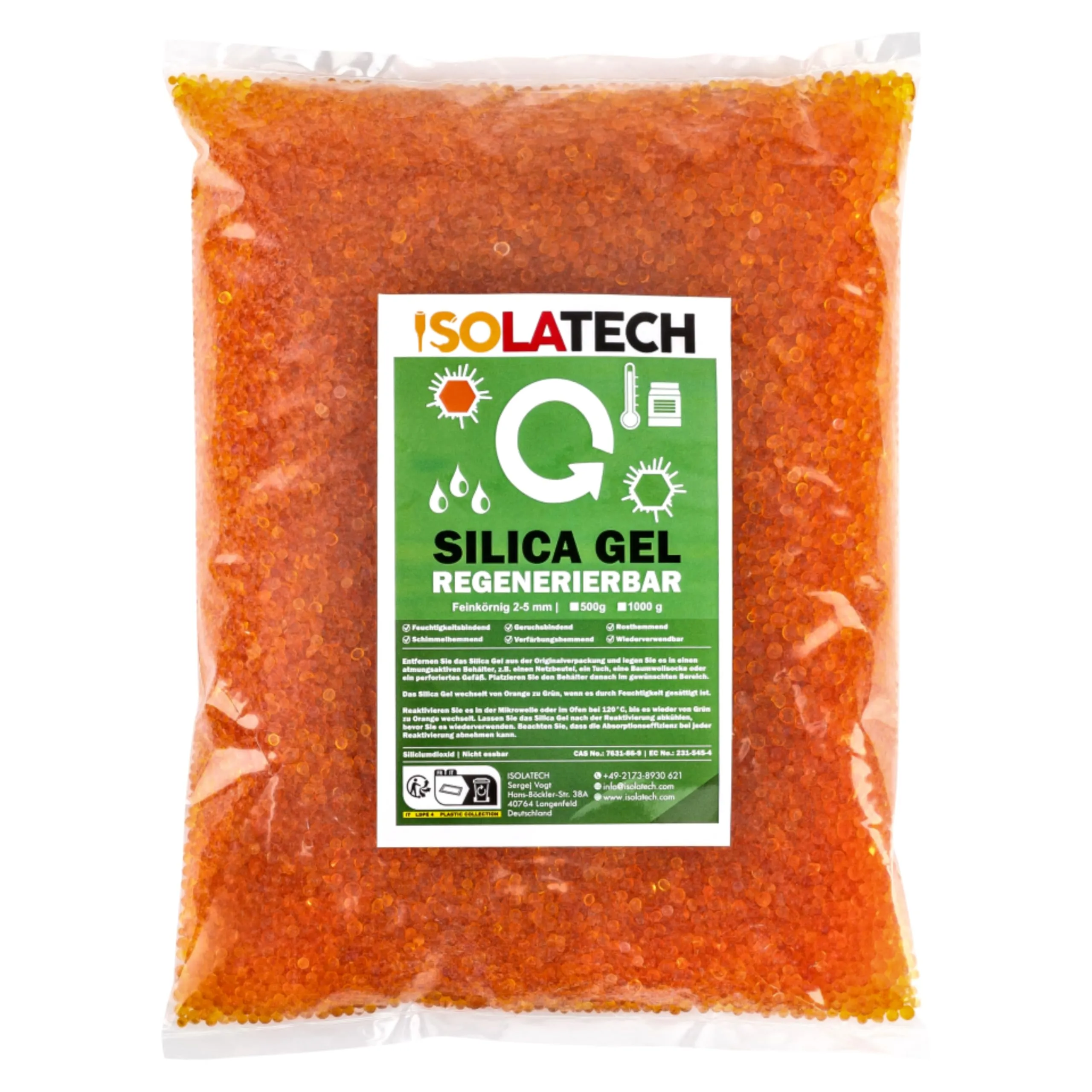 ISOLATECH Silica Gel rigenerabile essiccante arancione 0,9 kg sacchetto di gel di silice deumidificatore, Adatto anche come essiccatore per filamenti